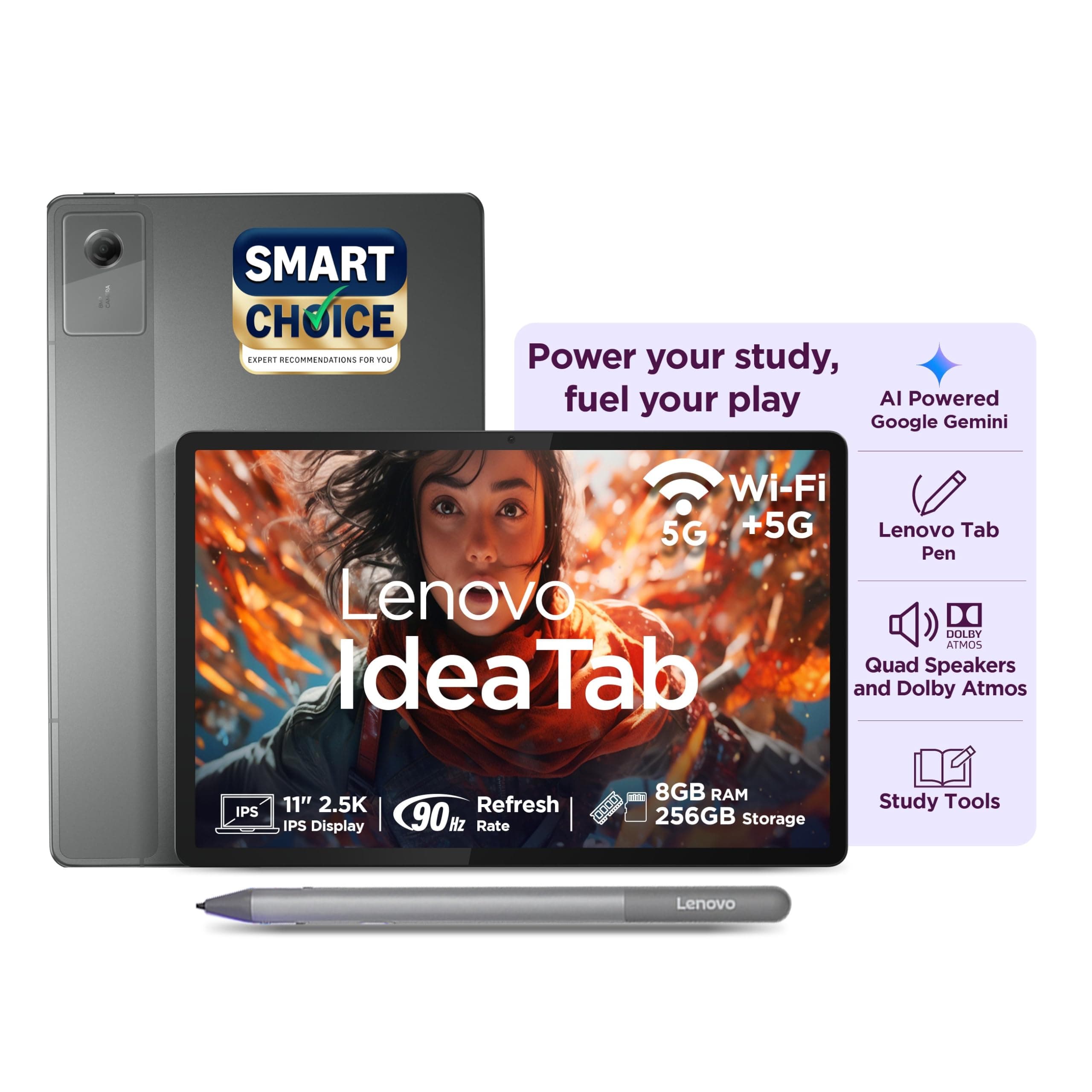 Lenovo Idea Tab Smartchoice with Pen|Wi-Fi| 11 Inch, 2.5K Display, 500 Nits Brightness| 8GB RAM + 256GB ROM (Expandable Up to 2TB) |Mediatek Dimensity 6300|Android 15|4-Speakers with Dolby Atmos, Grey