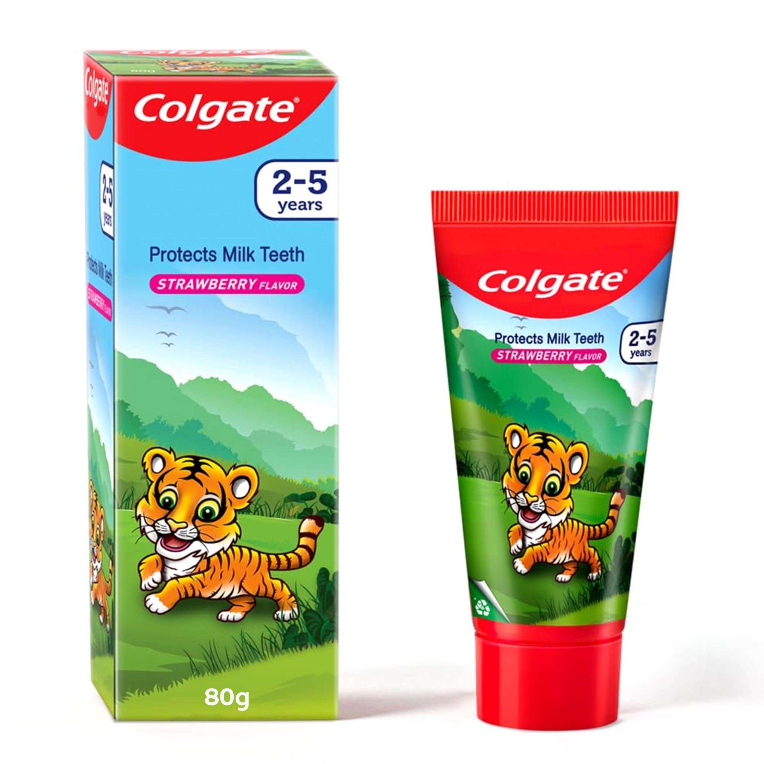 Colgate Kids Tiger Toothpaste for 2-5 Years - 80gm, Tooth Paste with 50% Lesser Abrasive Formula for Protecting Against Cavities (Strawberry Flavour)