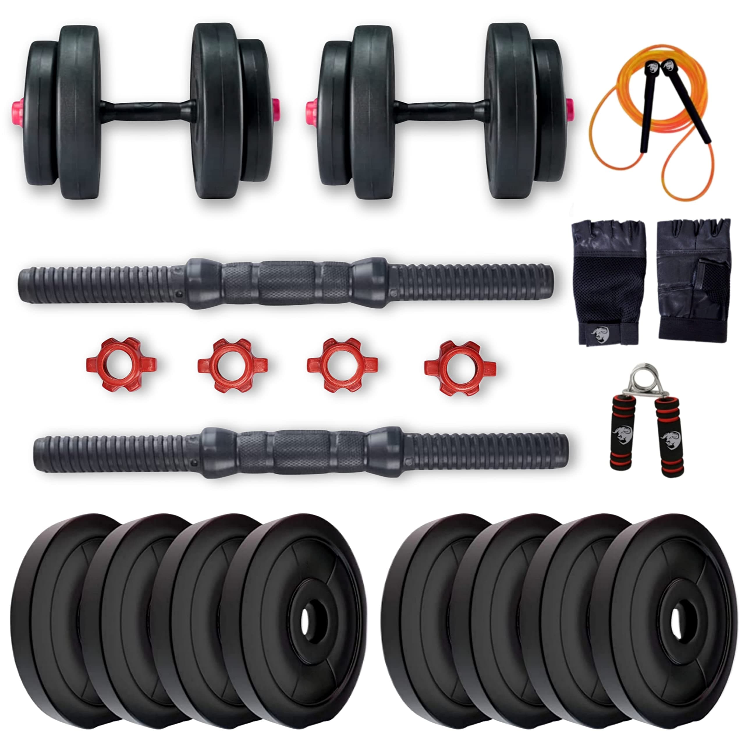 BULLAR Adjustable Dumbbells Set 8 Kg to 20 Kg with Pair of Dumbbell Rods and PVC Weight Plates with Gym Accessories (12 KG)