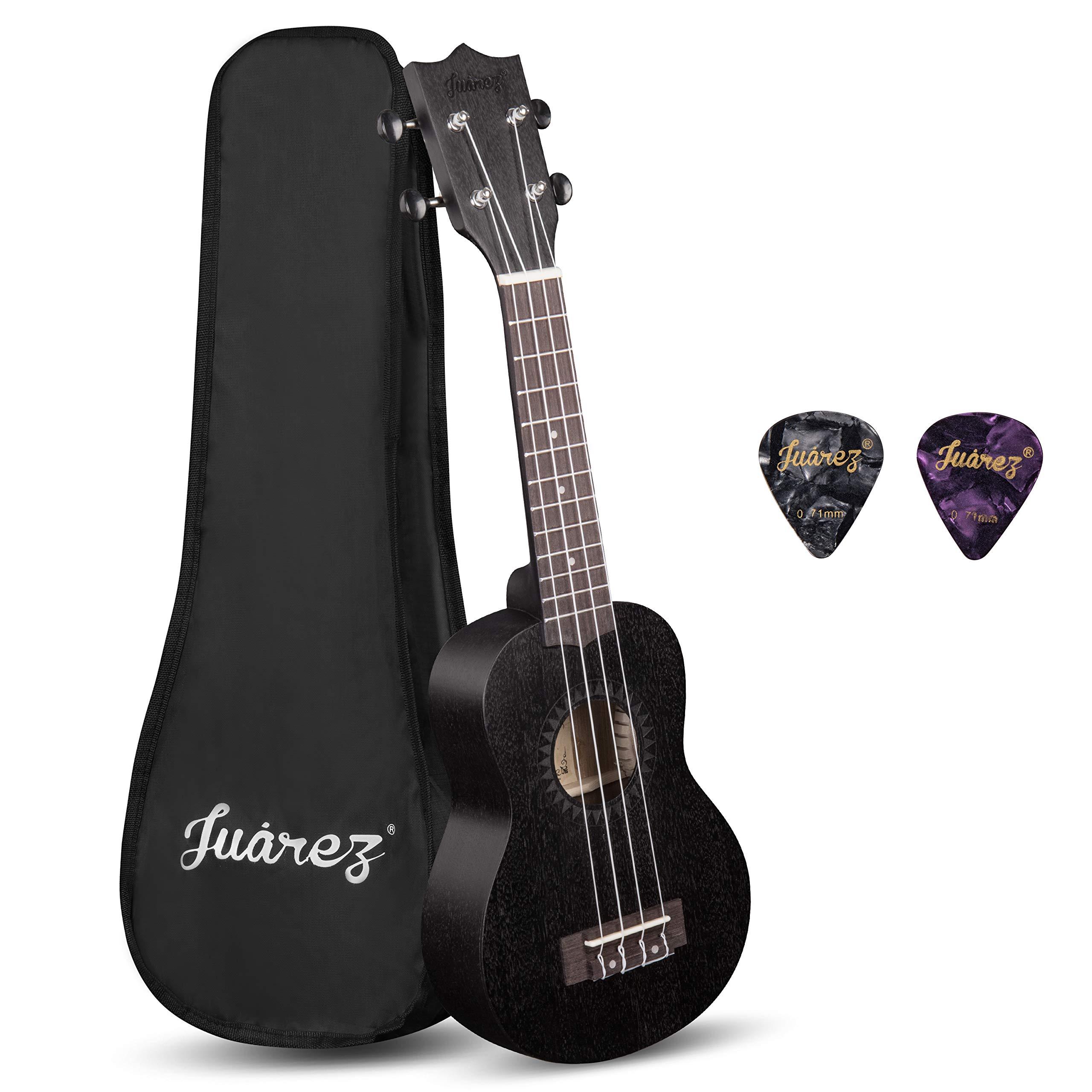 Juarez 21" Soprano Ukulele Kit, AQUILA Strings, Sapele Body, Rosewood Fingerboard, Matte Finish, with Bag and Picks, Black
