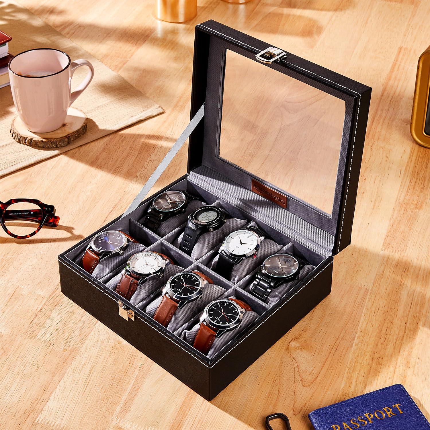Amazon Basics Unisex Faux Leather Watch Organizer Box with 8 Slots | Watch Organizer with Transparent Lid (Black)