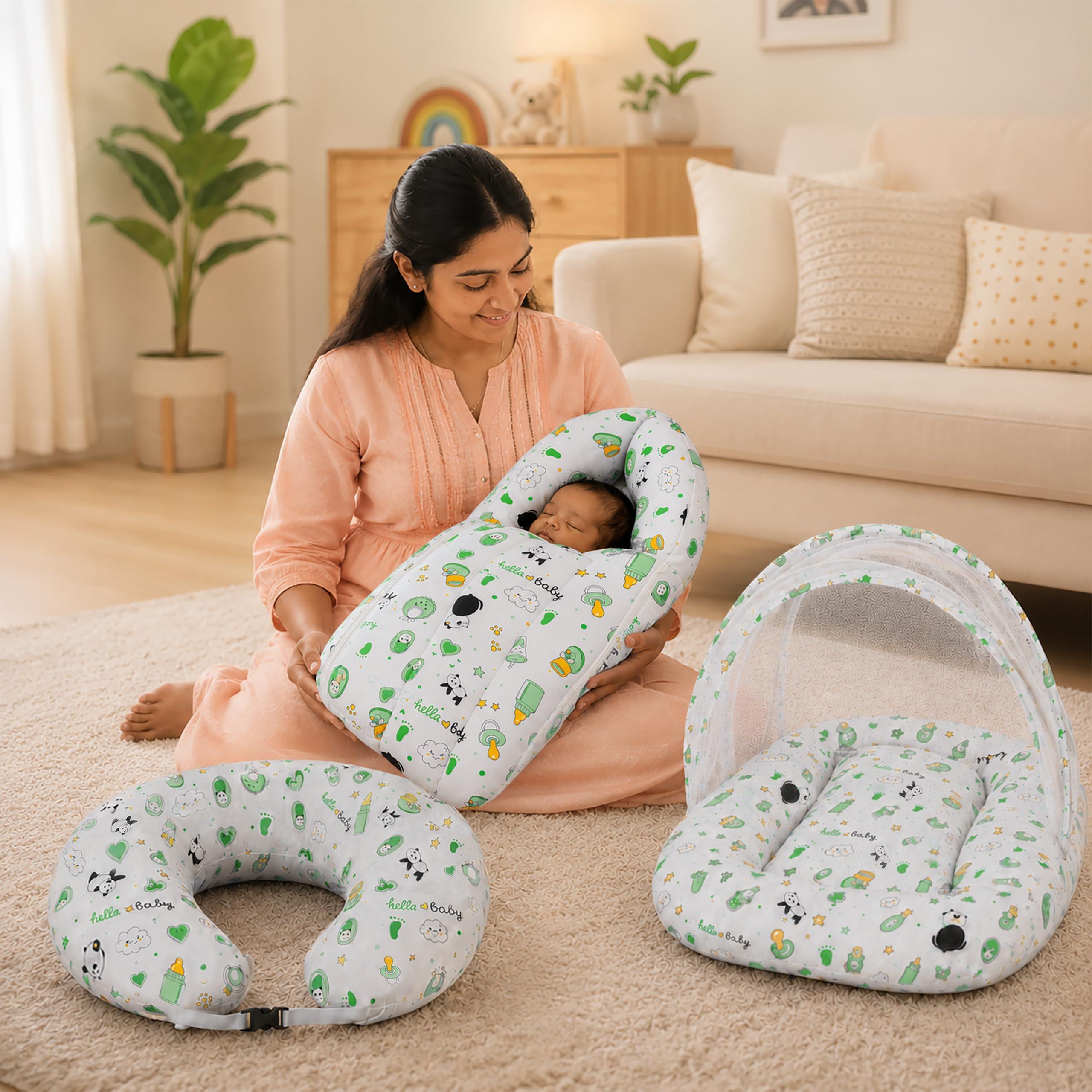 Infans Mini Baby Bedding Set, 3 Pcs Cotton Sleeping Essential|Baby Sleeping Bag|Mother Nursing Feeding Pillow|Mosquito Net Bed for 0-6 Months (Panda Green)
