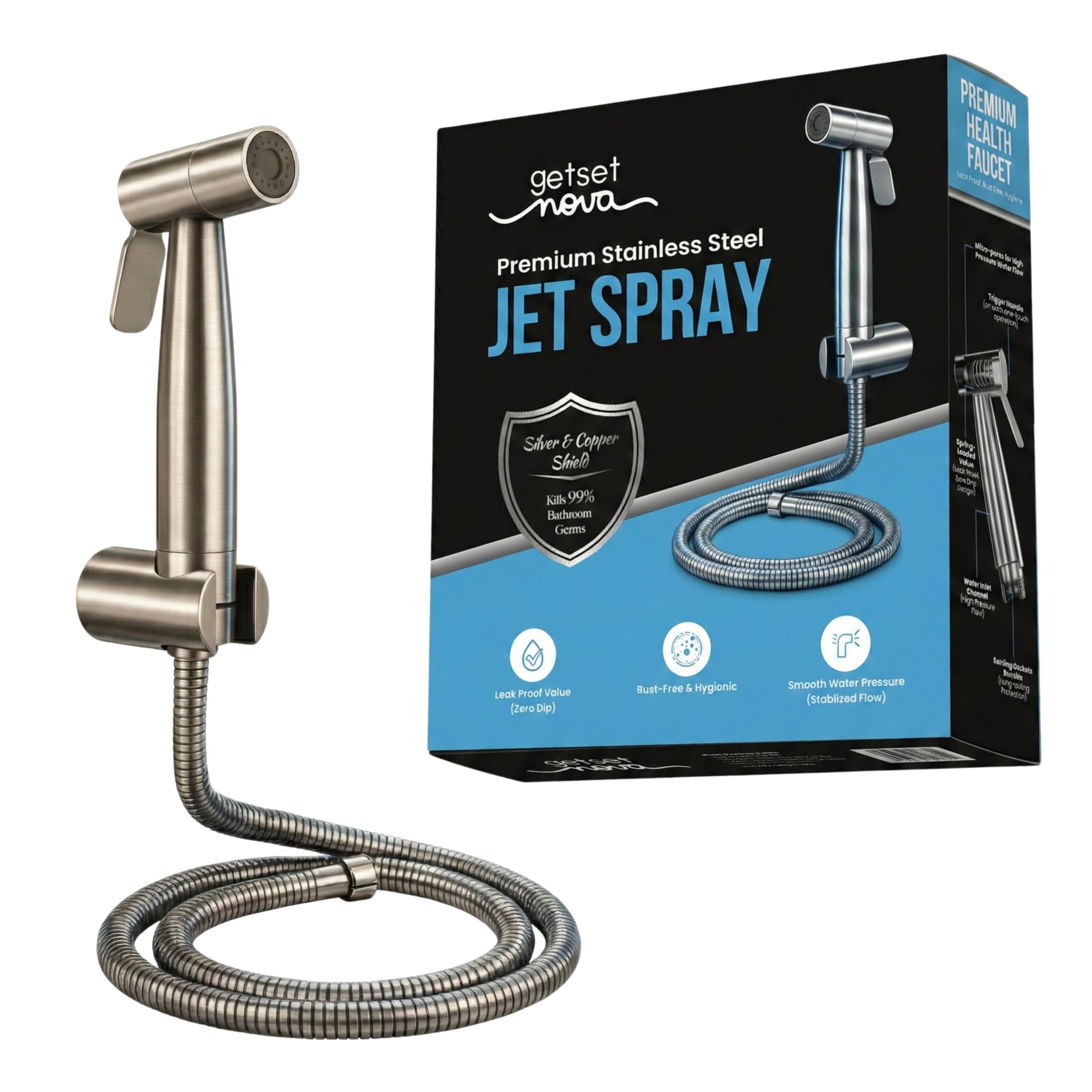 GetSetNova Health Faucet Stainless Steel Jet Spray Gun for Toilet | Silver & Copper Ion Shield Kills 99% Germs | Leak-Proof Bathroom Health Faucet 1 Year Warranty. (Set- Jet Spay with Pipe Silver)