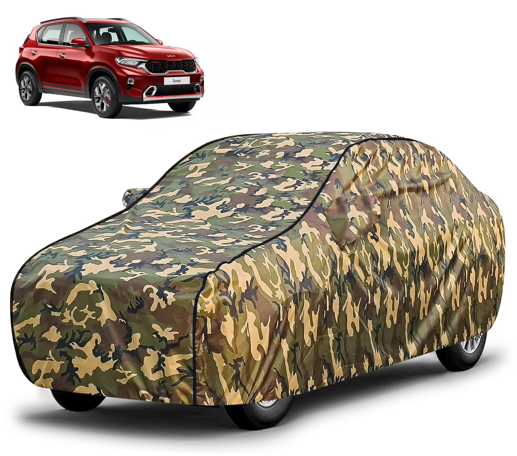 FABTEC Waterproof Car Body Cover for Kia Sonet with Mirror Pocket, Triple Stitched (Military, Jungle Print, Camouflage Design)