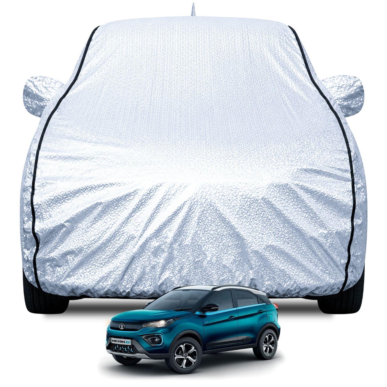 FABTEC Waterproof Car Body Cover for Tata Nexon EV with Mirror and Antenna Pocket, Soft Cotton Lining, Triple Stitched (Heat Resistant Metallic Silver with Black Piping)
