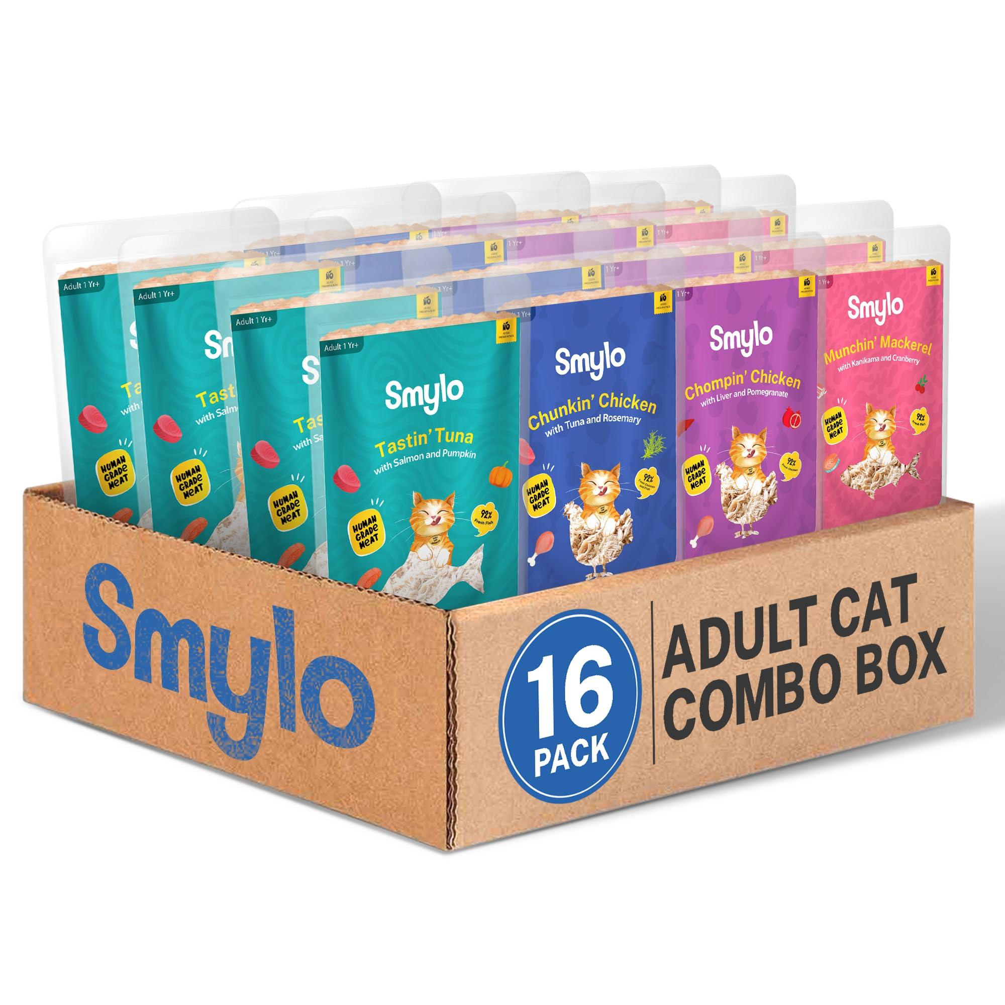 Smylo Natural Healthy Adult Cat Wet Food (1+ Yrs) 70g x 16 Packs | Variety Combo of Chicken, Tuna, Mackerel and Chicken & Tuna Recipes | Grain Free, No Preservatives & By-Products | Vet-Formulated