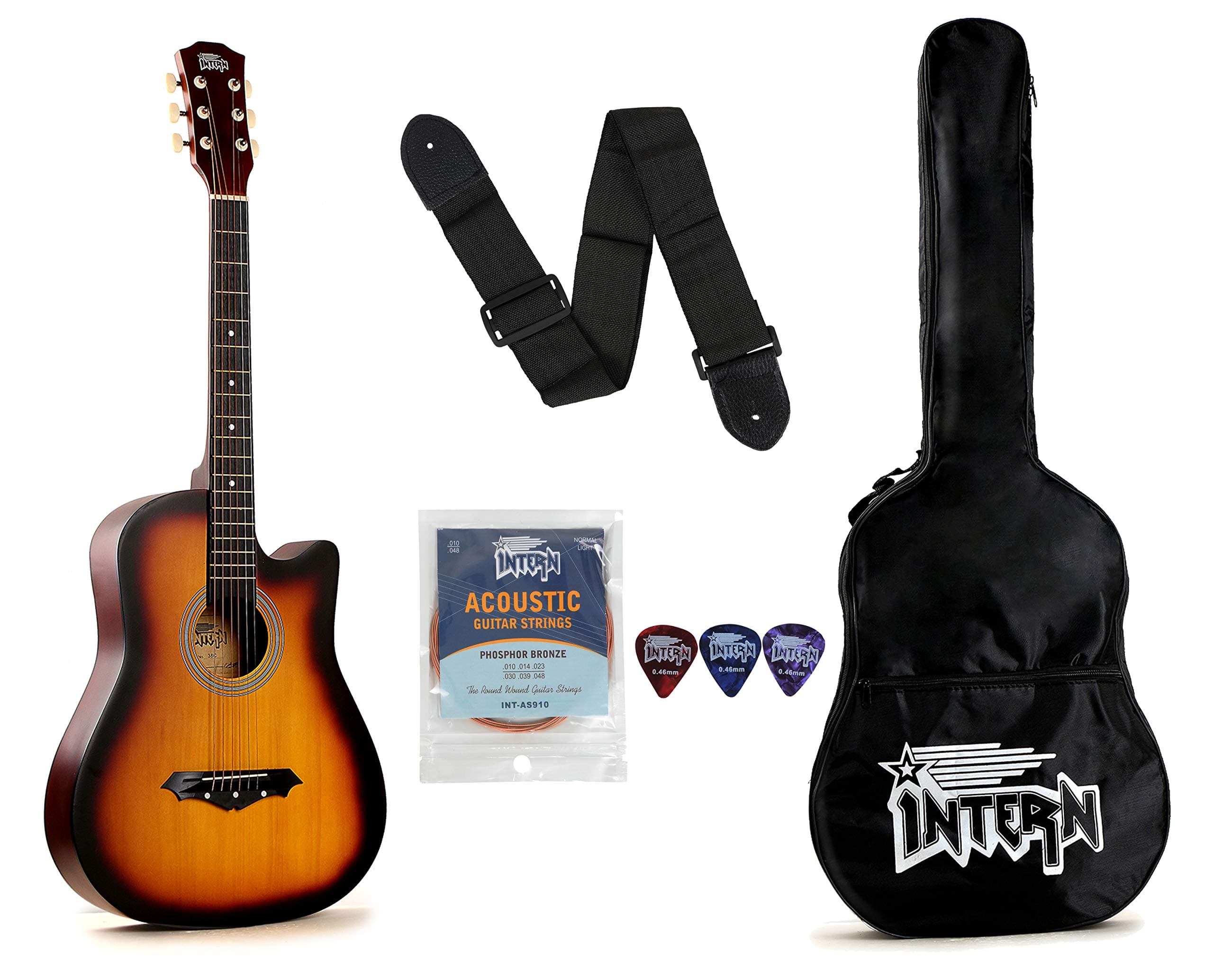 Intern Right hand Acoustic Guitar Kit, With Bag, Strings, Pick, Strap and String Winder (Sun Burst, 38 Inch)