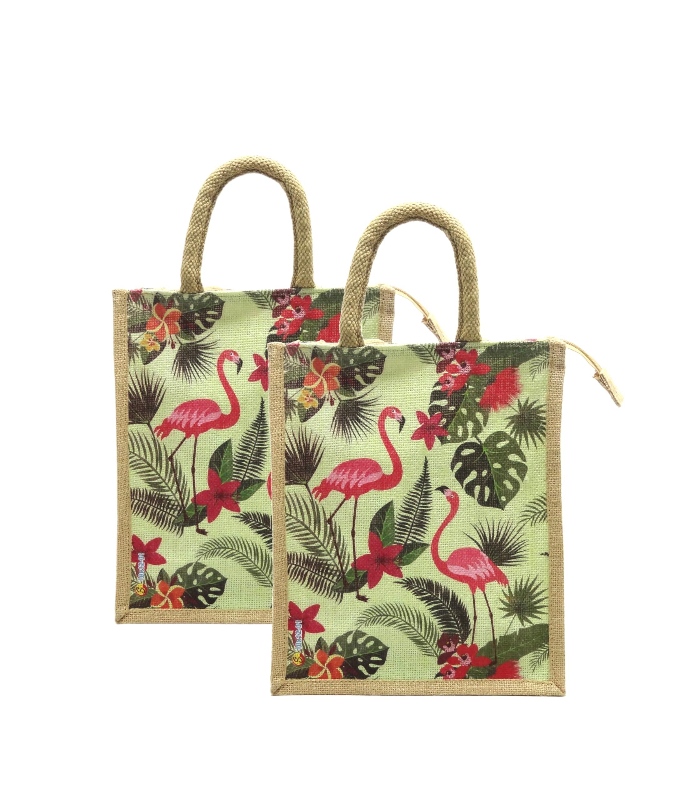 Sangra Multicolor Jute Lunch Bags for Men & Women – Small, Zippered with Handle (Set of 2) (Flamingo)