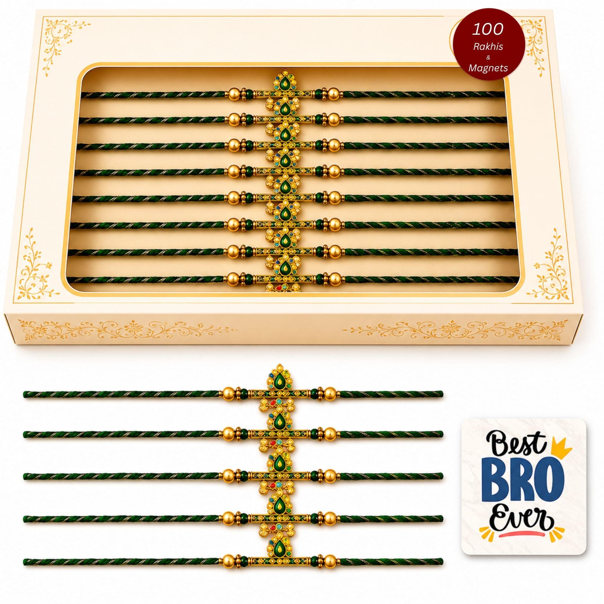 eCraftIndia Pack of 100 Green Golden Om & Peacock Feather Religious Designer Rakhi for Brother Bhaiya Bhai | 100 Best Bro Ever Fridge Magnets | Roli Chawal Pack | Raksha Bandhan Gift Set