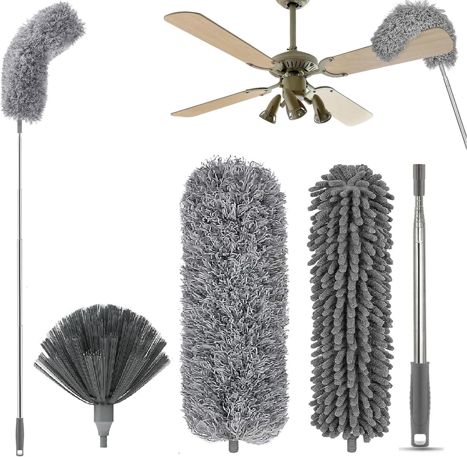 Hallstatt 3 In 1 Long Handle Microfiber Feather Ceiling Duster With Extendable Pole 30-100 Inch With Anti Scratch Bendable Head For Cleaning High Cobweb Stick High Ceiling Fan - Stainless Steel,Grey