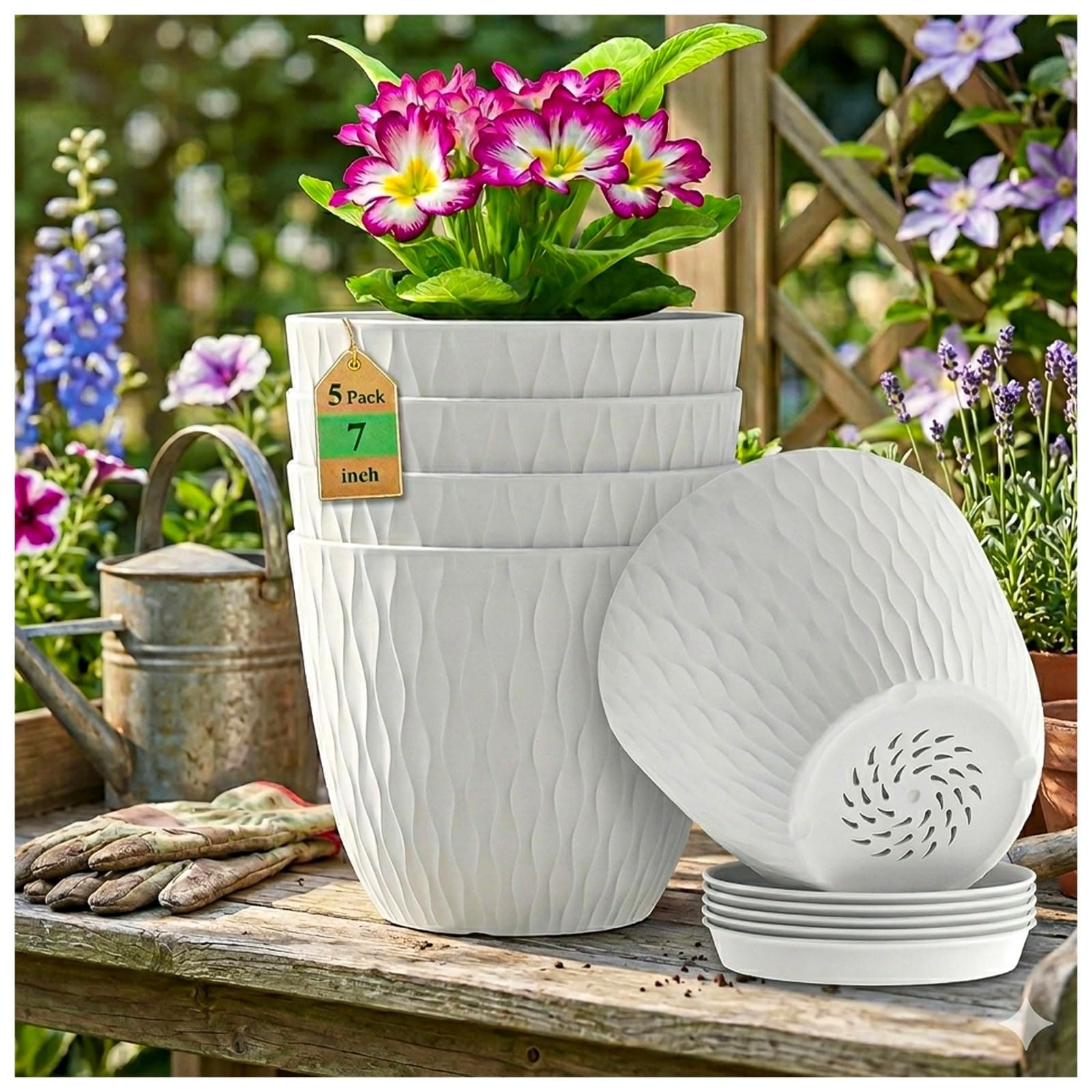 Eightiz (Pack of 5 6 Inch Plastic Flower Pots for Indoor & Outdoor Terrace,Garden Plants Decorative Planters with Drainage Holes & Matching Saucers Durable & Lightweight (White)