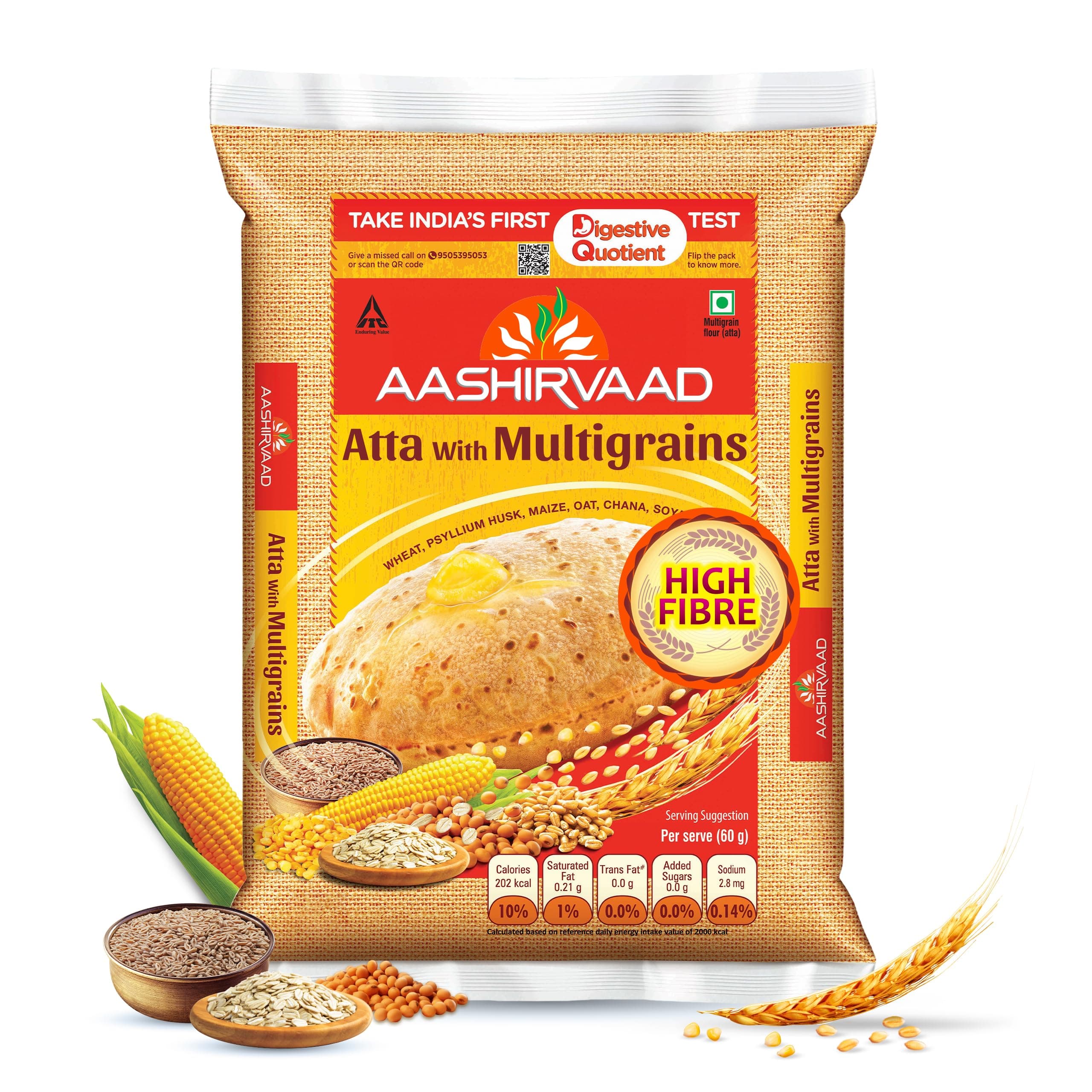 Aashirvaad Atta with Multigrains, 10kg pack | High Fibre & High Protein Multigrain Atta | 6 Natural Grains