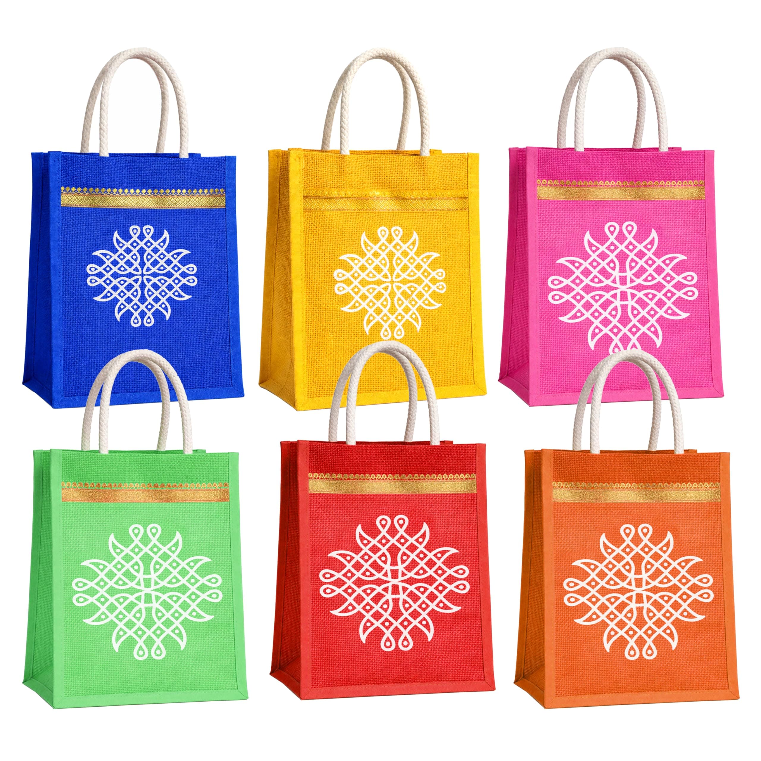 Match Made Jute Bags with Kolam Print Gift Bags with Handle| Reusable Return Gift Bags for Wedding,Pooja & Festivals| Eco Friendly Shopping & Thamboolam Bags|Side cloth Non Woven Fabric Multicolor(6)