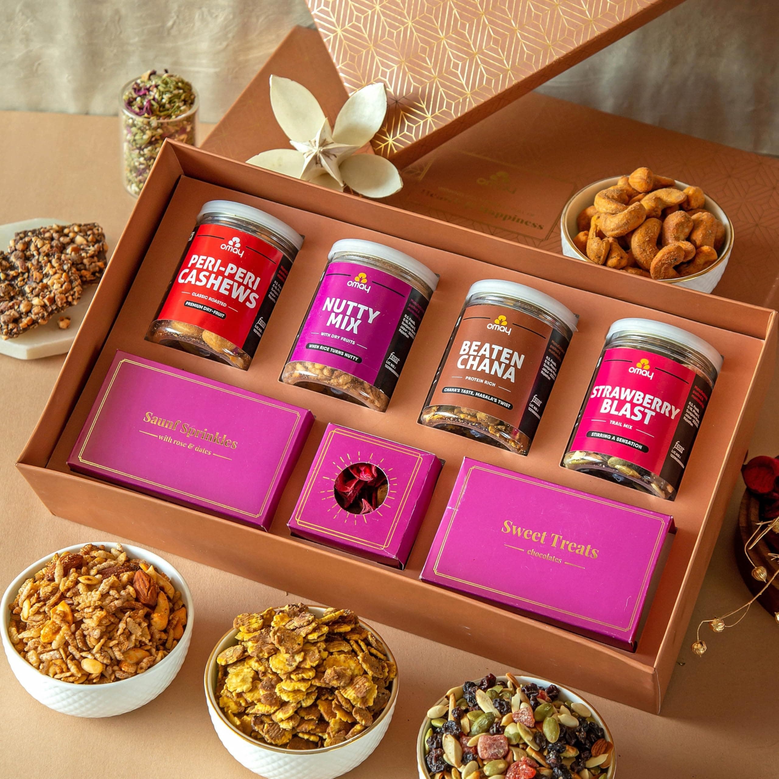 Omay Foods 11 Pcs Celebration Treats Luxury Gift Hamper | Premium Gift Box | Peri Peri Cashews, Gourmet Snacks, Chocolate & Mukhwaas | Corporate, Festive & Premium Personal Gift | Oil-Free