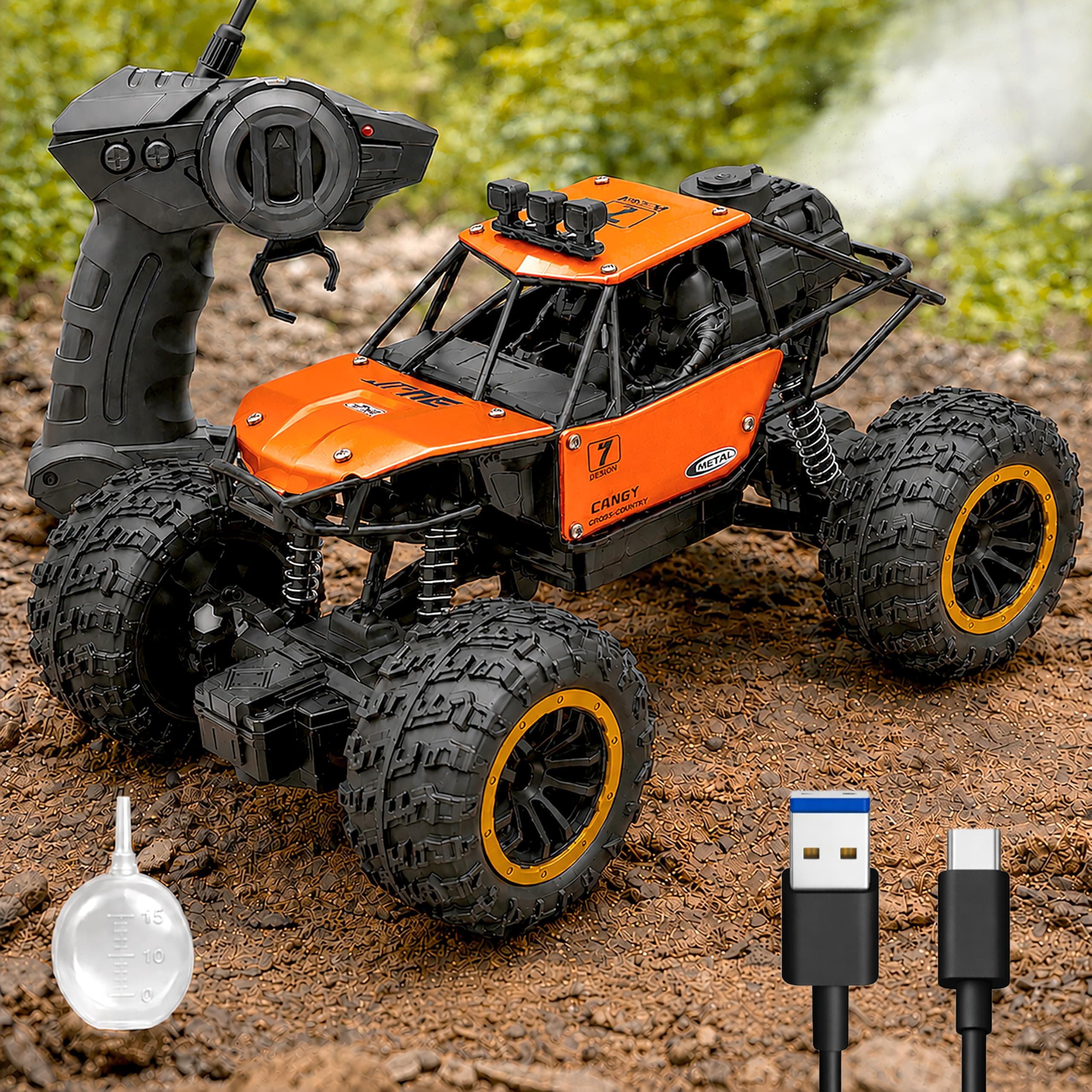VGRASSP Remote Control Rock Crawler Monster Truck Toy for Kids with Mist Spray - Rechargeable Off-Road All Terrain RC Smoke Car with Spring Shockers - Color As Per Stock