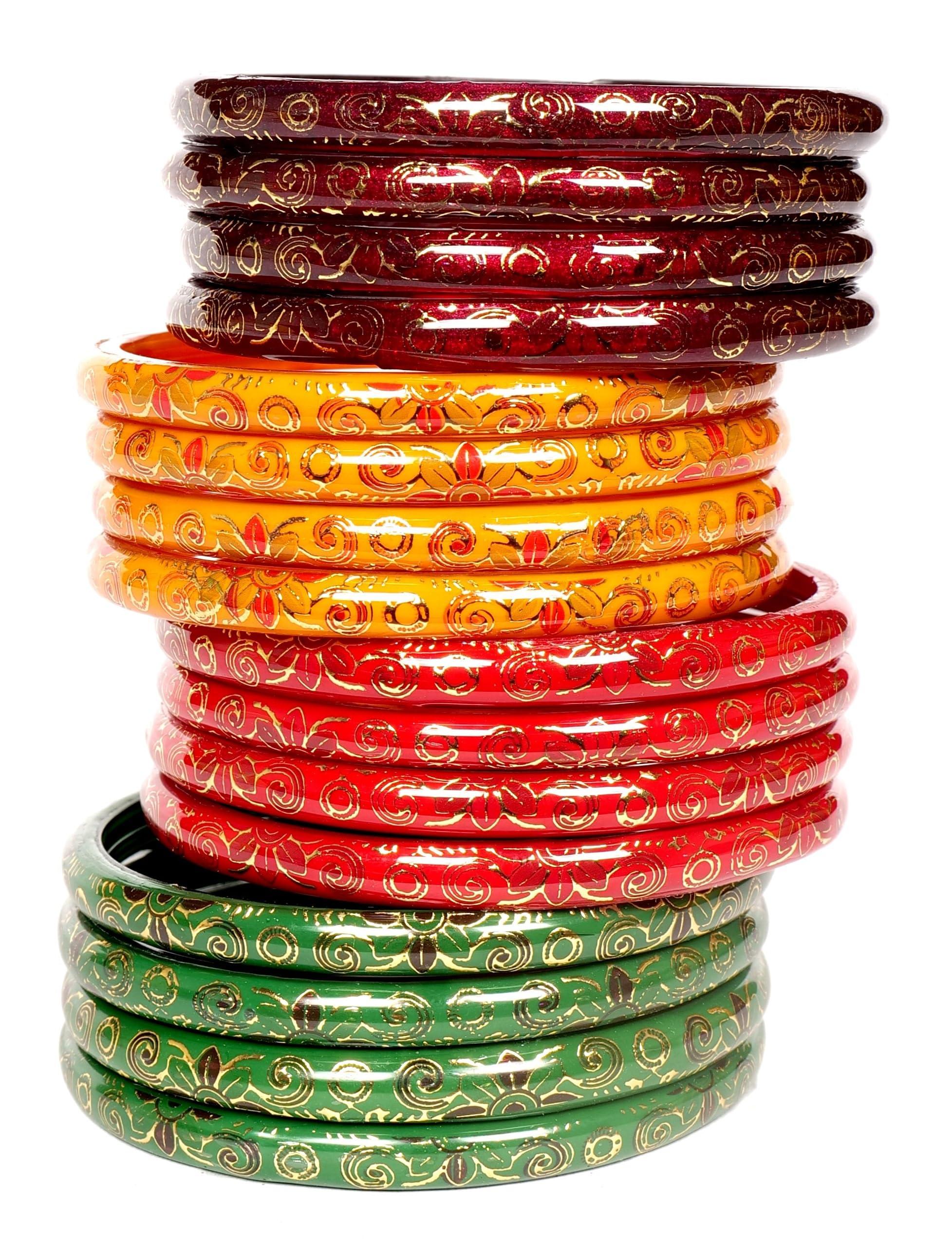 Swara Creations Red Green Mehrun Yellow,Size 2.6, Bangles for Women/Digital Prints Bangles/Light Shiny Prints/Glass Churi (16Pcs)(SKU270)