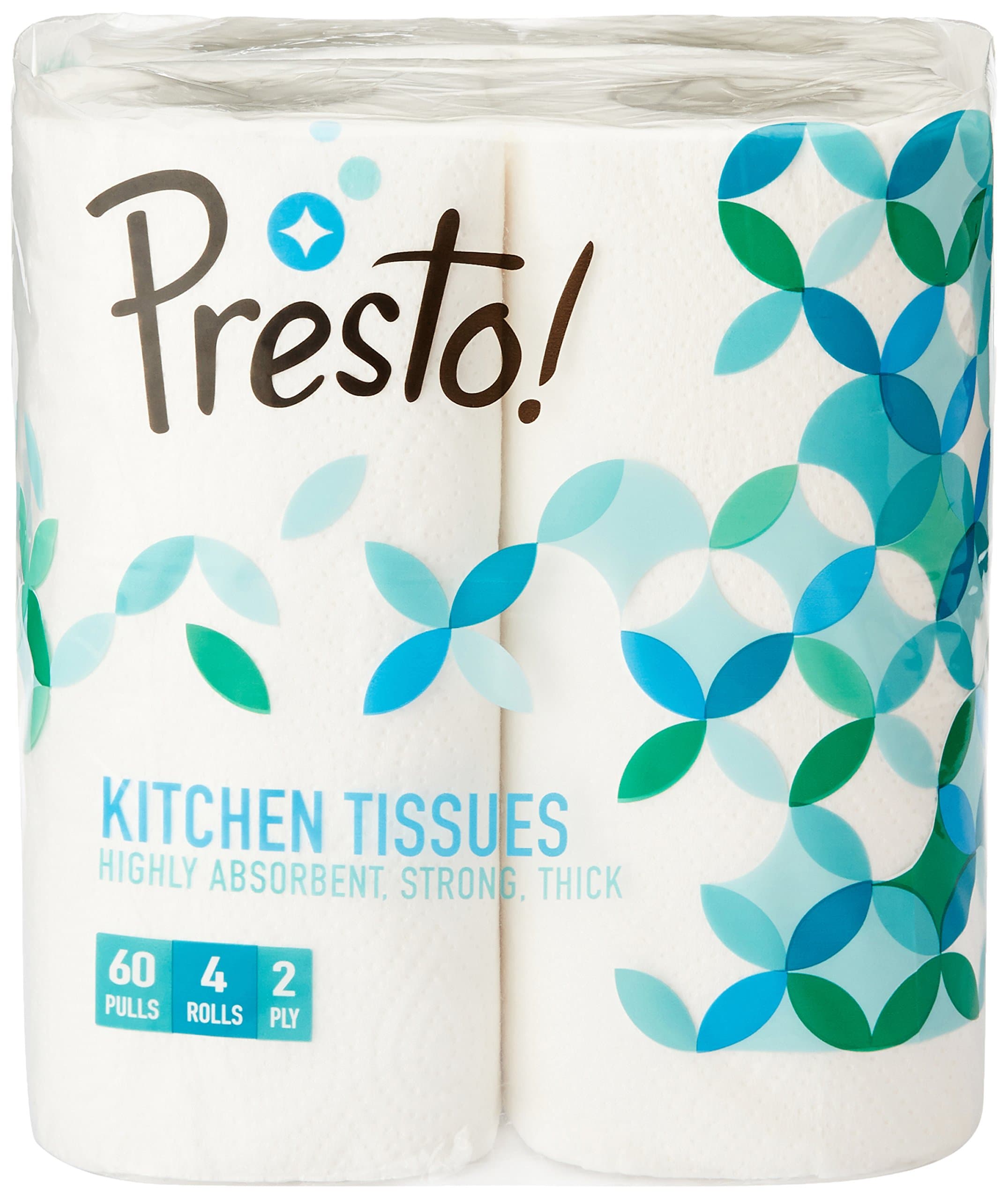 Amazon Brand - Presto! 2 Ply Kitchen Tissue Paper Roll | 240 Pulls | 60 Kitchen Towels X 4 Rolls | Soft And Highly Absorbent | 100% Natural Virgin Cellulose Fiber