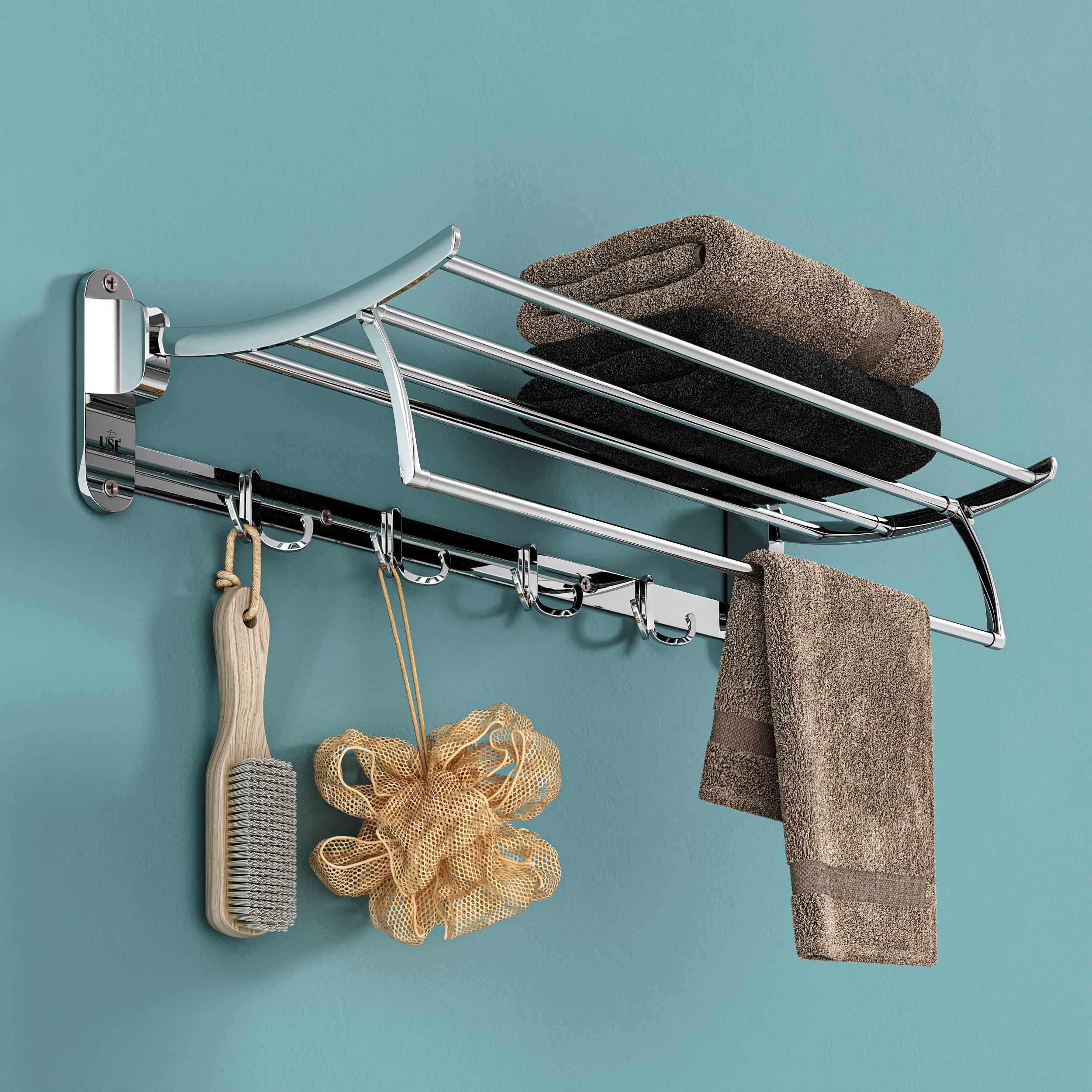 USF 24 Inch Stainless Steel Towel Rack | Foldable Wall Mounted Towel Holder with Hook | Chrome Finish | Rust Resistant Design | Strong Load Bearing | Bathroom Accessories