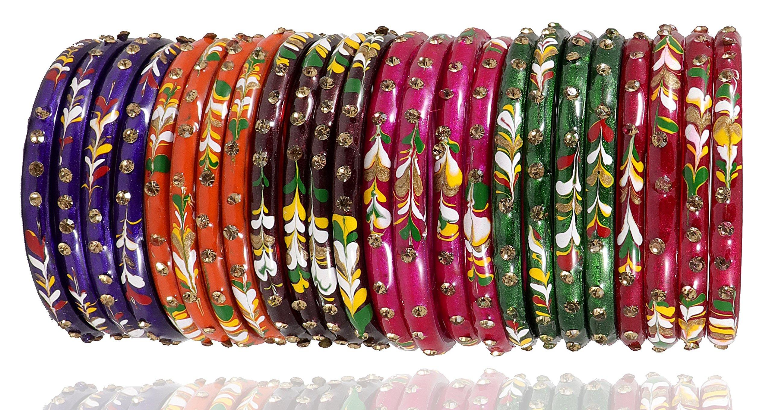 NMII Glass with Zircon Gemstone Studded worked and Flower Pattern Glossy Finished Kada Set For Women and Girls, (MultiColour_2.4 Inches), Pack Of 24 Kada Set