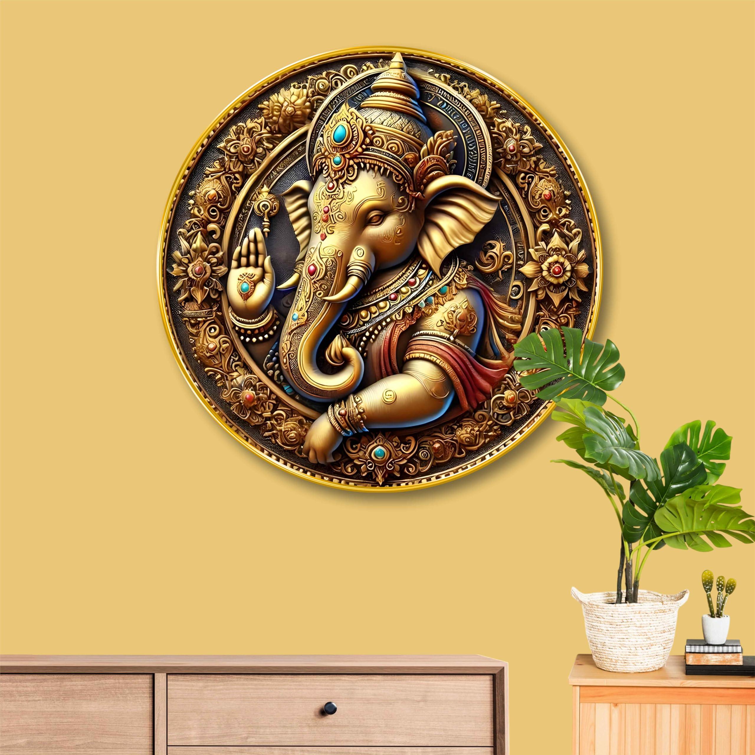 Livin'luxe Golden Ganesha Round Wall Art | 3D Embossed MDF Panel with Royal Detailing | Lord Ganesh Spiritual Wall Hanging for Home, Temple & Office | Artistic Golden Frame (16 x 16 Inch) GRM-310