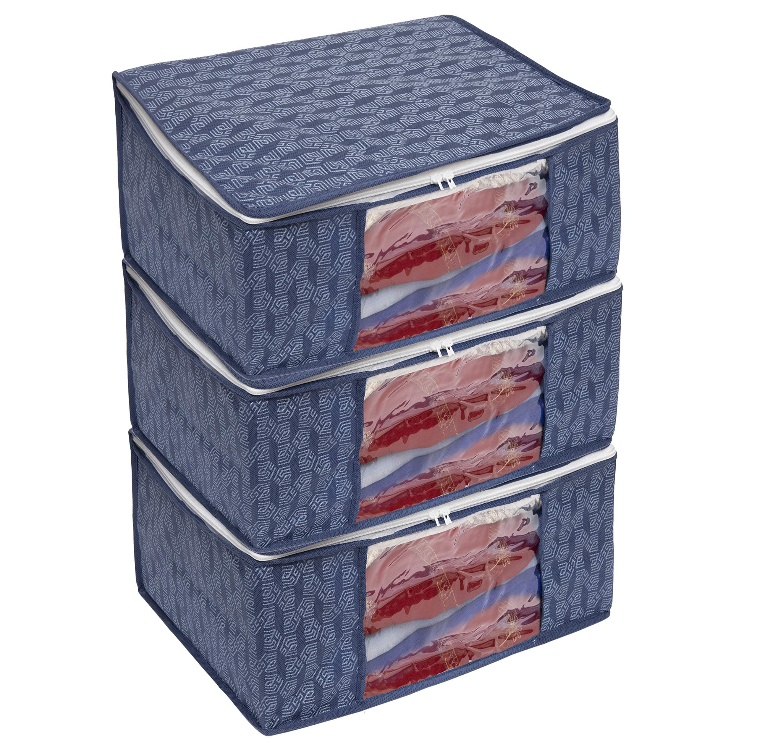 HomeStrap Set of 3 Non-Woven Printed Saree Cover/Cloth Storage/Organizer with Transparent Window (Navy Blue)(Featured on Shark Tank), 33.5 x 22 cm