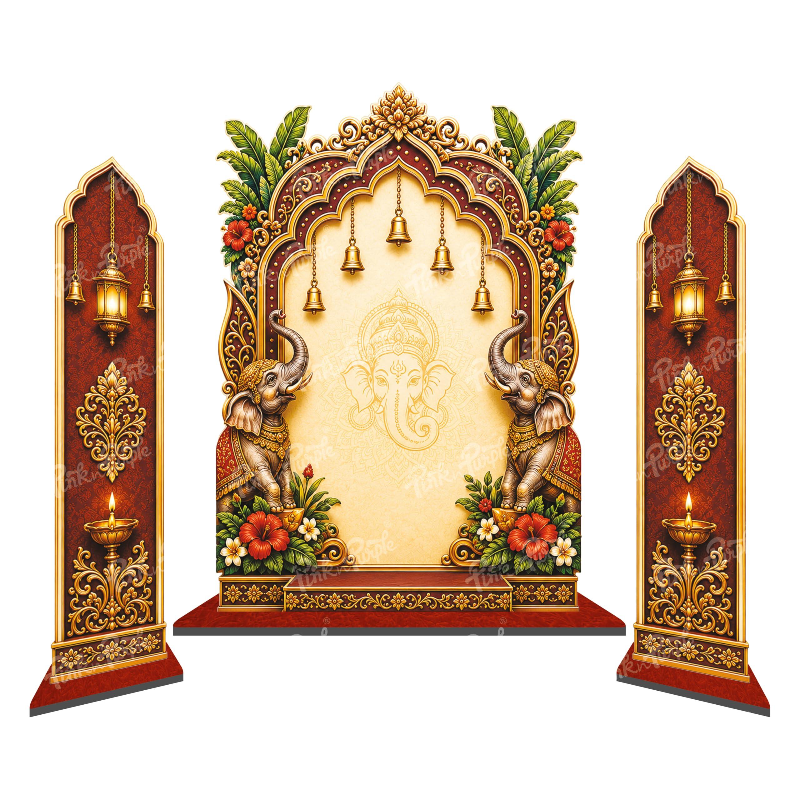 Pink n Purple Ganpati Heritage Mandap Backdrop Standee Set of 3 | MDF Traditional Ganesh Chaturthi Decoration Stand for Pooja Room, Home, Office | Reusable Removable Stand | 18x12 Inch