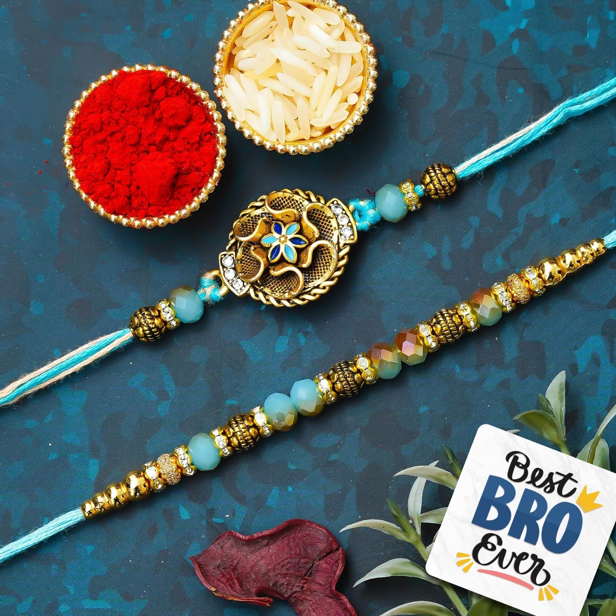 eCraftIndia Set of 2 Beads Floral Designer Rakhis | Best Bro Ever Fridge Magnet | Roli Chawal Pack | Rakhi for Brother Bhaiya Bhai Bhabhi Kids