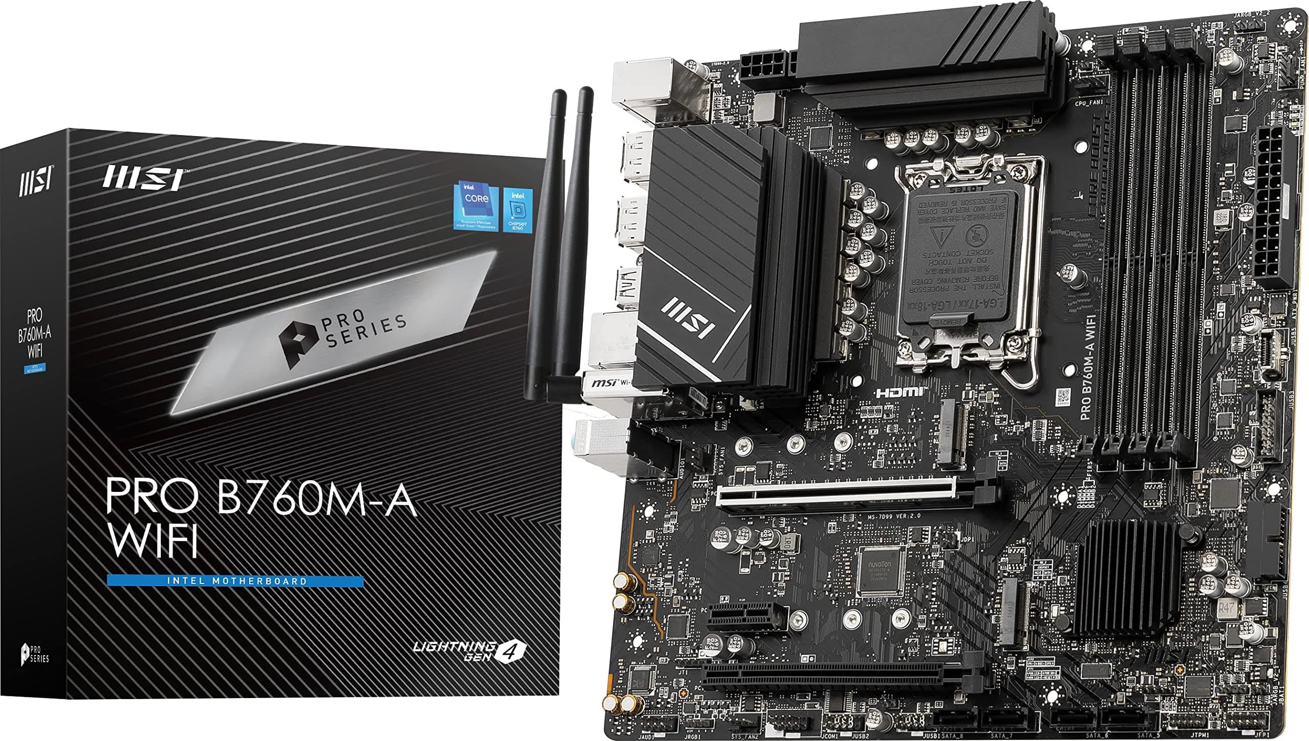 MSI PRO B760M-A WiFi ProSeries Motherboard (Supports 14th/13th/12th Gen Intel Processors, LGA 1700, DDR5, PCIe 4.0, M.2, 2.5Gbps LAN, USB 3.2 Gen2, Wi-Fi 6E, mATX)