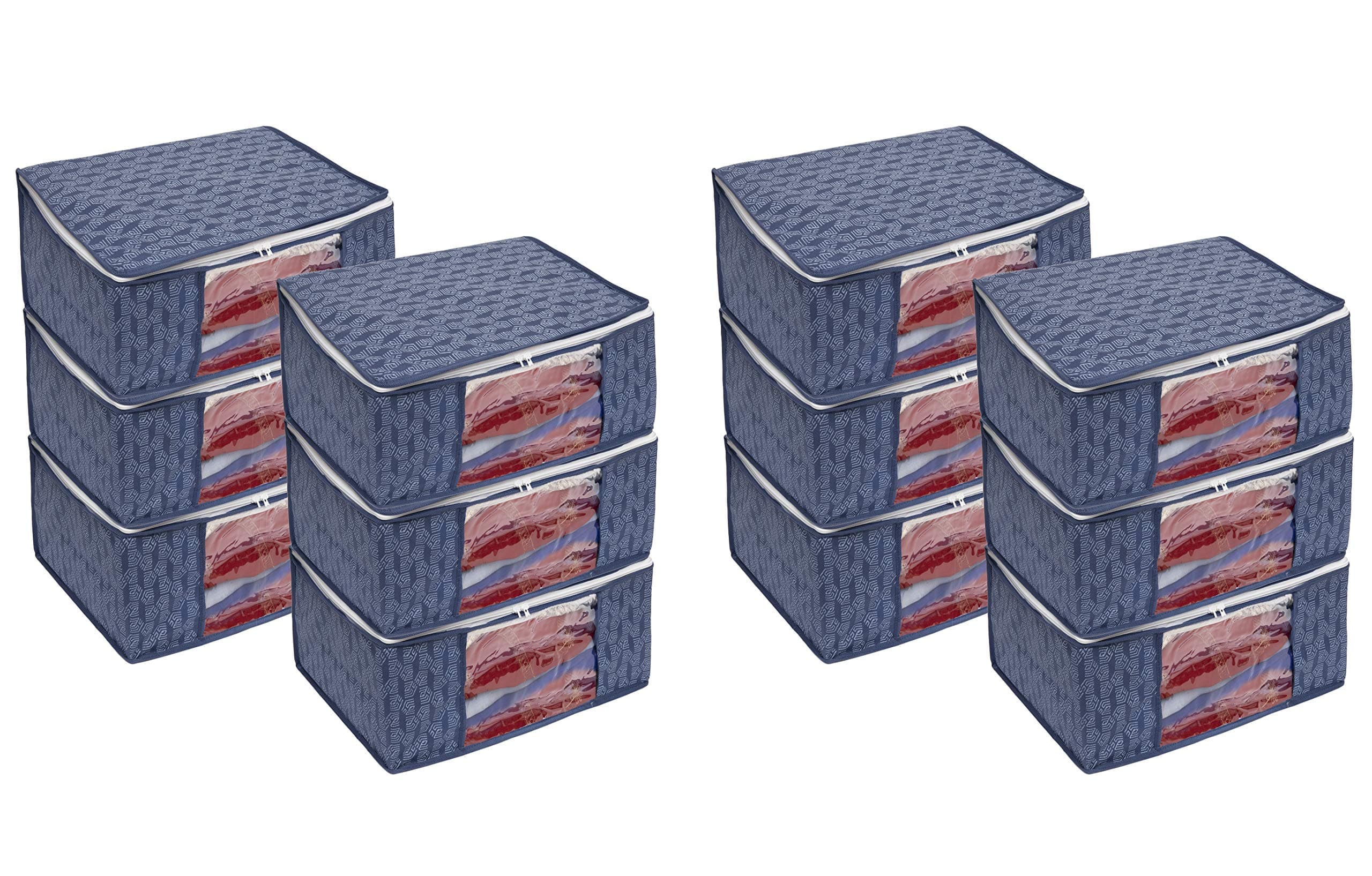 HomeStrap Set of 12 Non-Woven Printed Saree Cover/Cloth Storage/Organizer with Transparent Window (Navy Blue, Featured on Shark Tank, 33.5 cm, 22 cm)