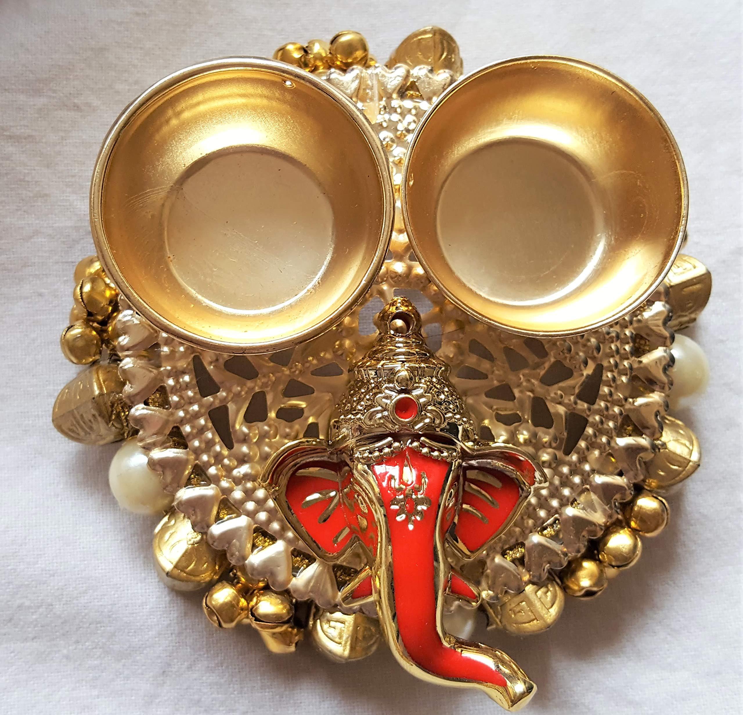 PRAHLL Metal Kumkum Holder Puja Thali with Ganesh (Gold_3.5 Inch)