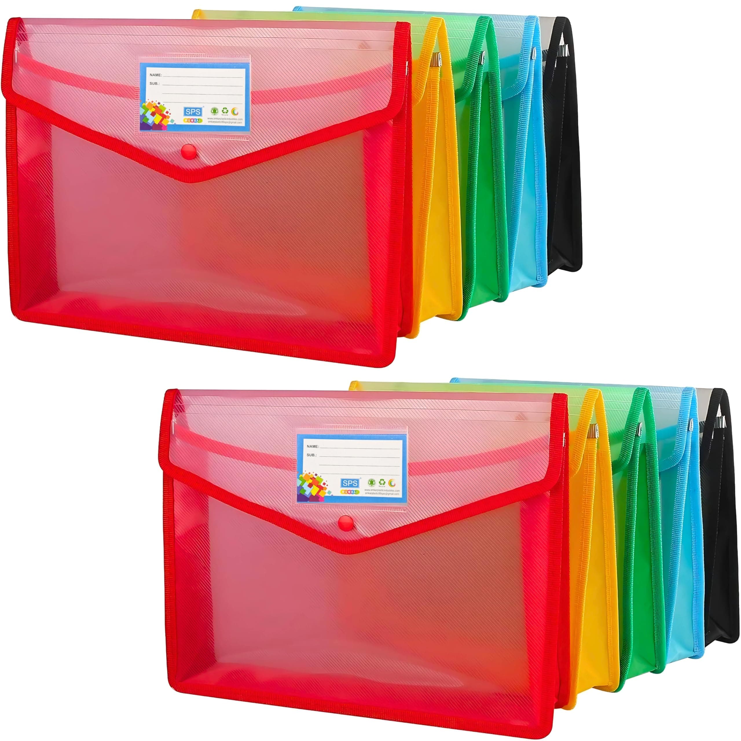 SPS File Folder, Transparent Poly-Plastic A4/Foolscap Documents File Storage Bag with Snap Button Set of 10/Certificate File Folder