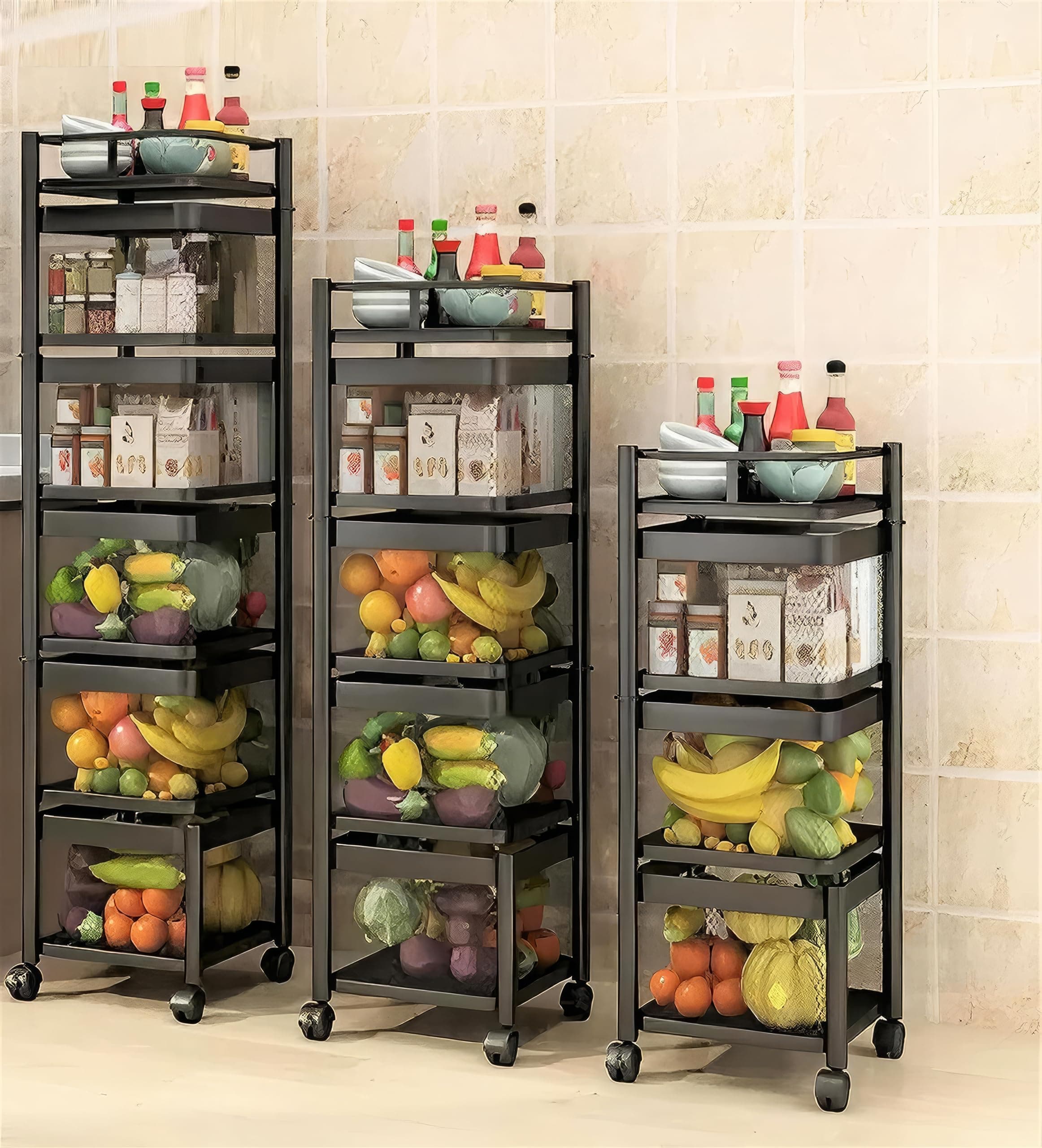 KWER Metal Portable Kitchen Square Trolley with Wheels Onion Basket, Storage Organizer Accessories for Items & Vegetable, Black, Layer 4