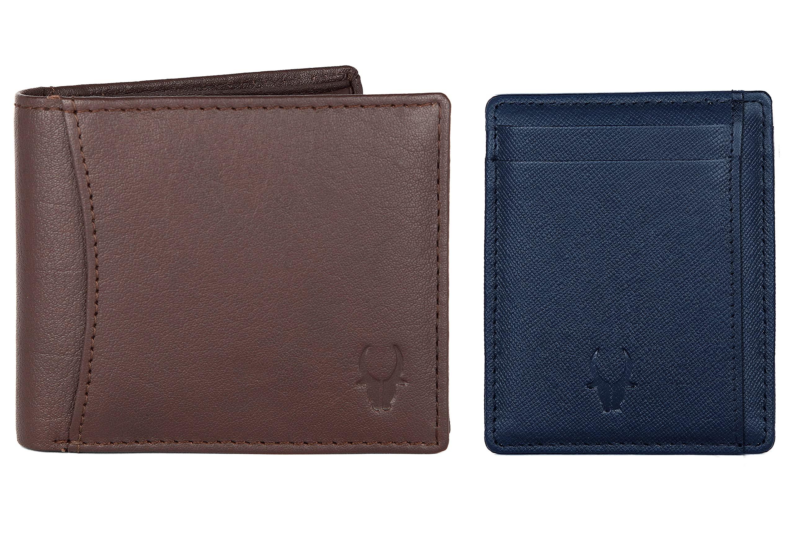 WildHorn Brown Leather Men's Wallet and Blue Safiano Card Case (WH1173)