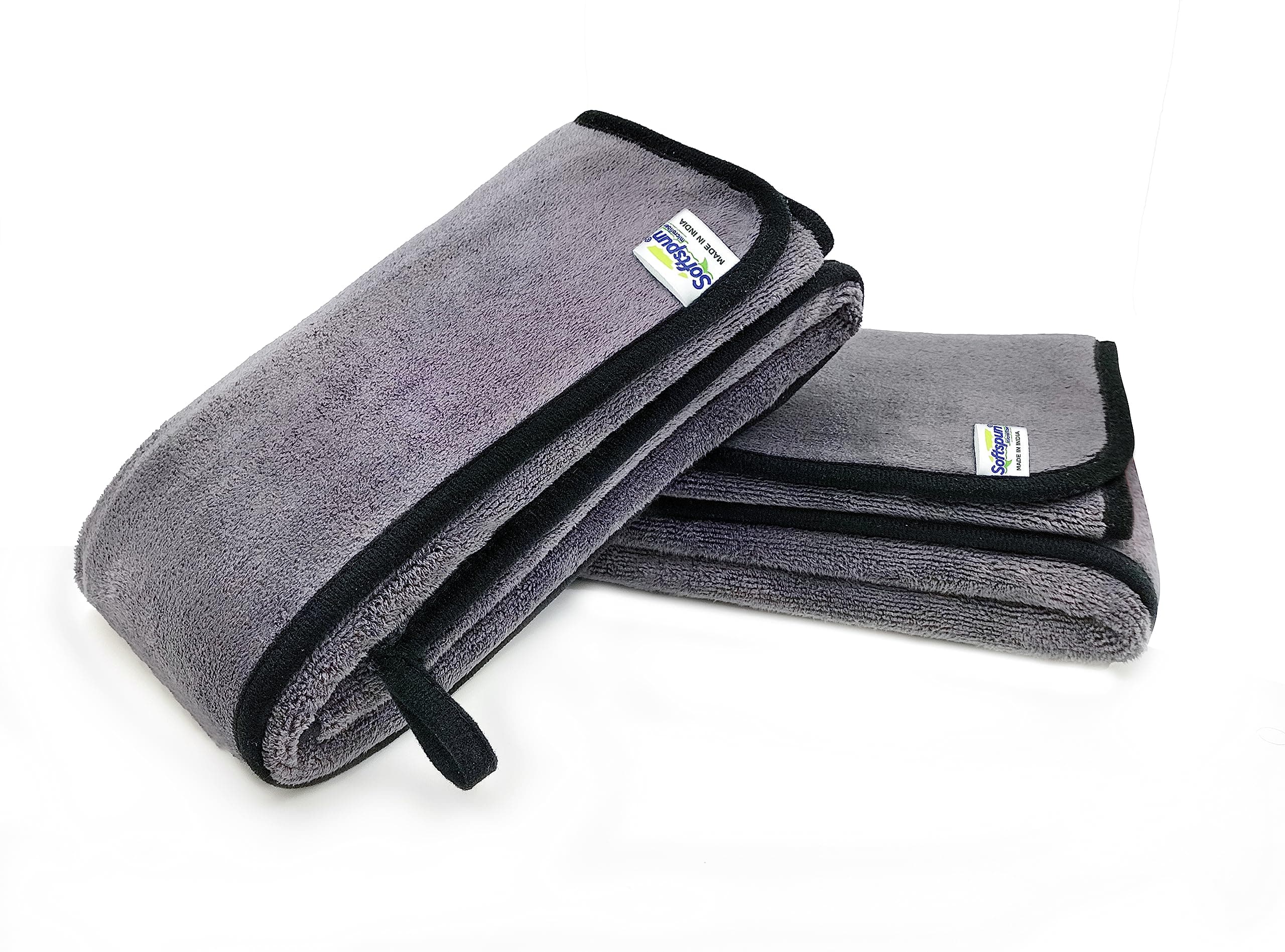 SOFTSPUN Microfiber Super Absorbent Cloth 500 GSM 35X75 cms Pack of 2 Grey! Silk Banded Edge Towel Set Extra Thick Microfiber Cleaning Cloths Perfect for Bike Auto Cars Both Interior and Exterior.