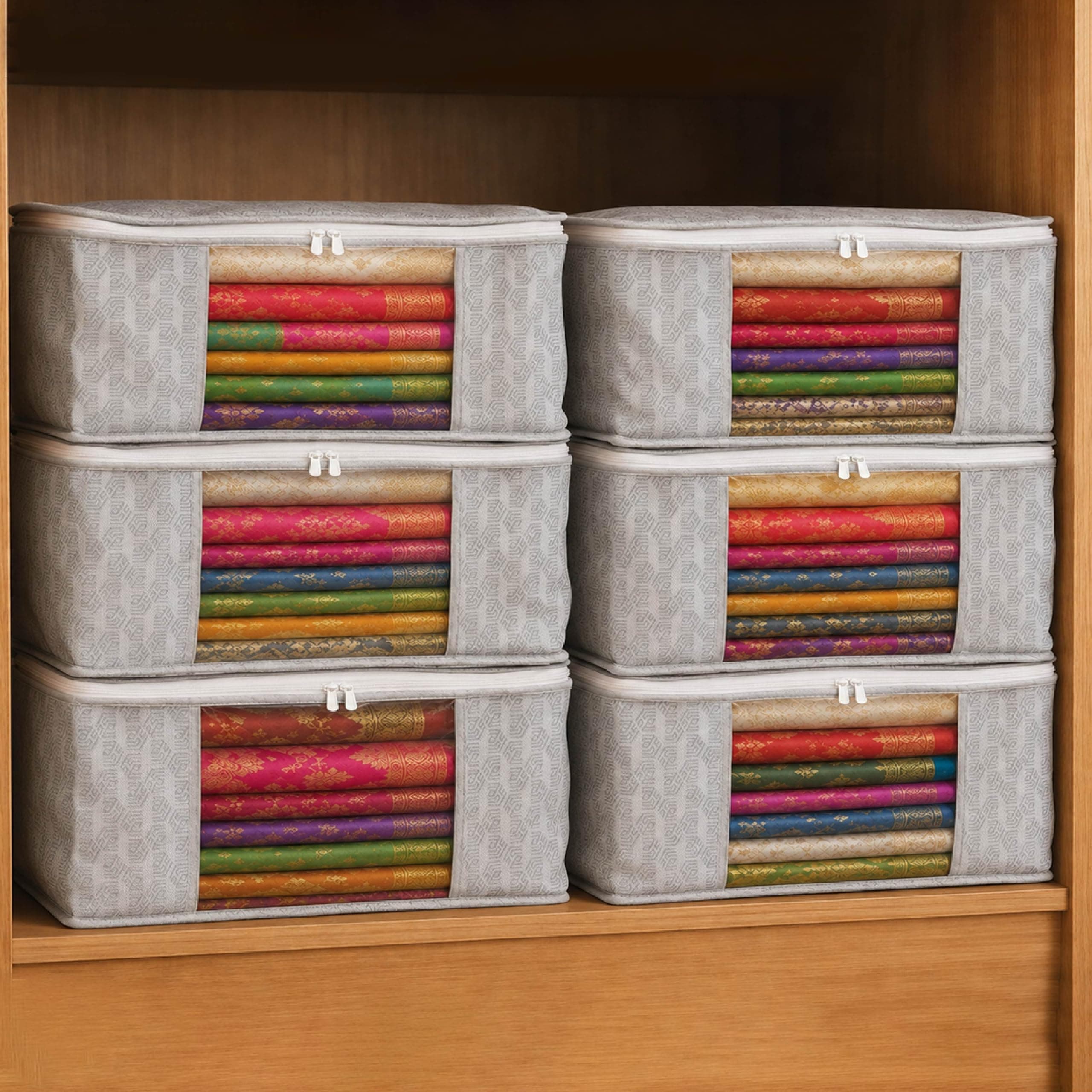 Homestrap Set of 6 Non-Woven Printed Saree Cover/Cloth Storage/Wardrobe Organizer For Clothes with Transparent Window (Grey)(Shark Tank Featured) 45cmx33cmx22cm
