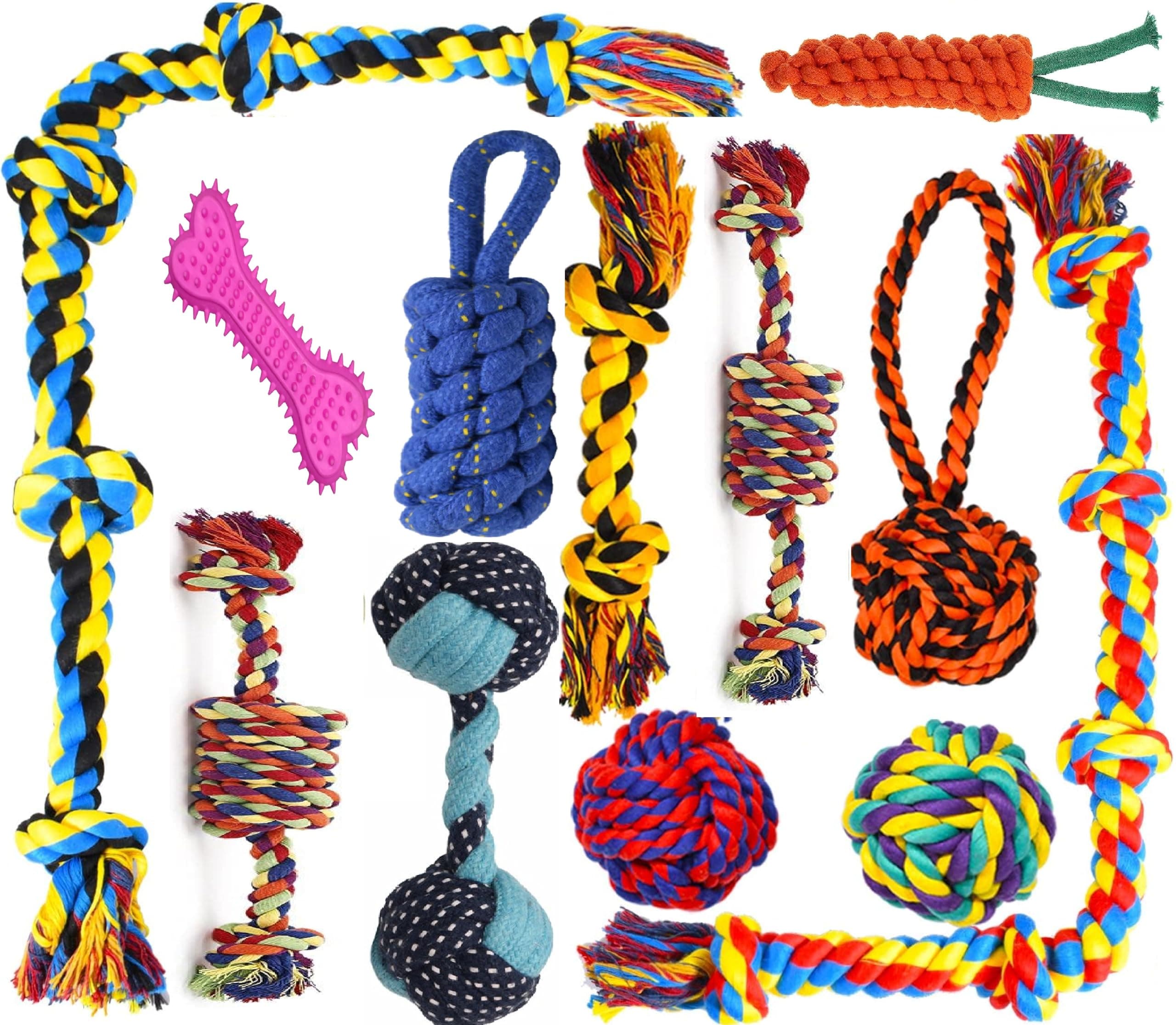 Agirav Dog and Puppy Toy Set - Chew, Teething, Rope, and Tug Toys for Small to Medium Dogs - Washable Cotton Pack of 12