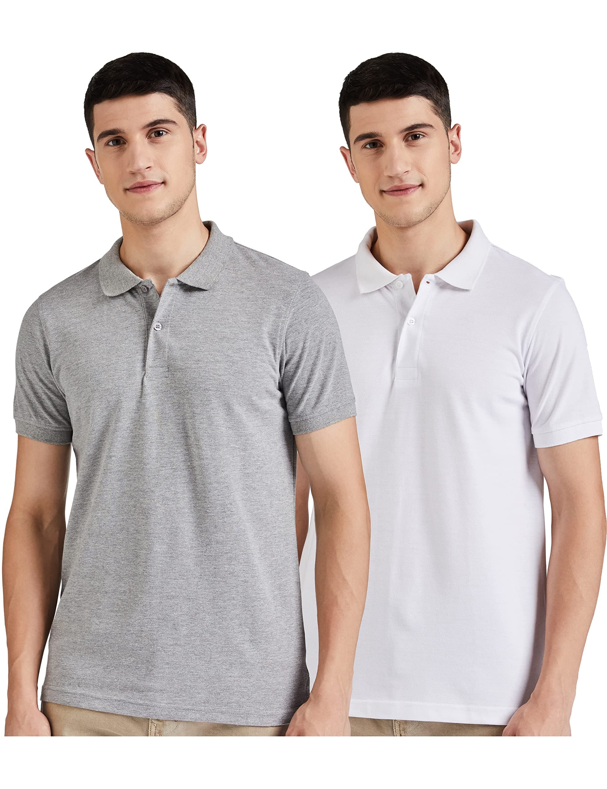 Amazon Brand - Symbol Men's Cotton Rich Polo T Shirt | Collar Tshirts | Half Sleeves | Plain (Combo Pack of 2) - Regular Fit (White & Mid Grey Melange_3XL)
