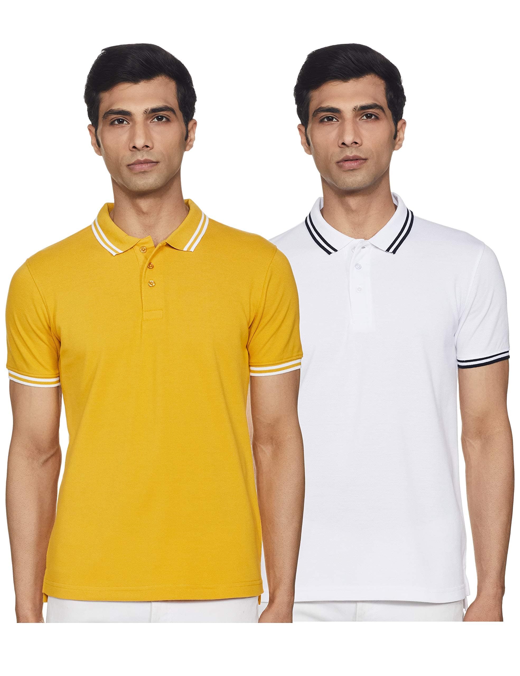 Amazon Brand - Symbol Men's Short Sleeve Solid Cotton Rich Polo T-Shirt | Pack of 2 | Half Sleeves | Plain-Regular Fit (Available in Plus Size) (CT-PO2_Mineral Yellow & White_4XL)