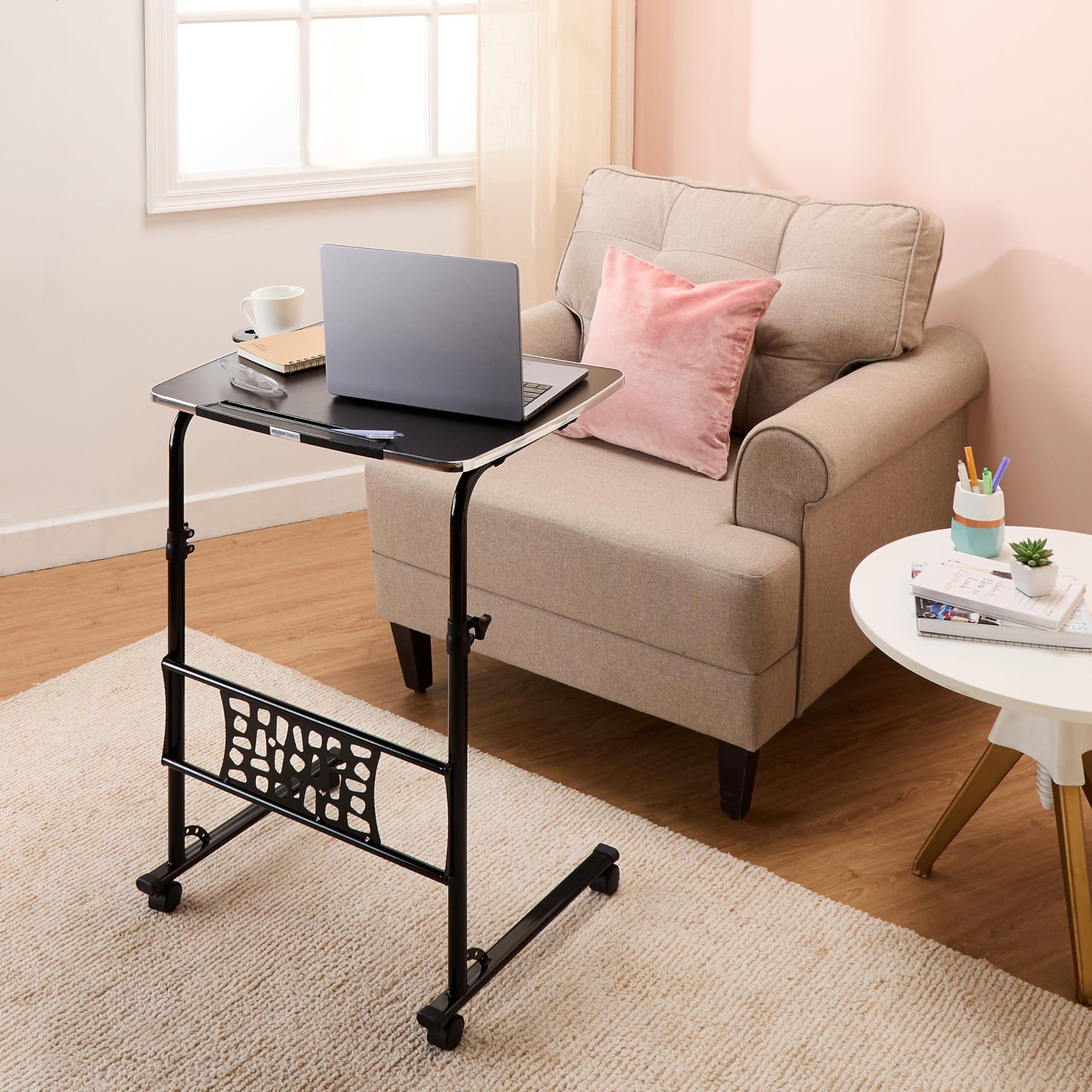 Amazon Basics Height Adjustable Laptop Table with Lockable Wheels | Alloy Steel | Black |45L x 60D x 70H cms