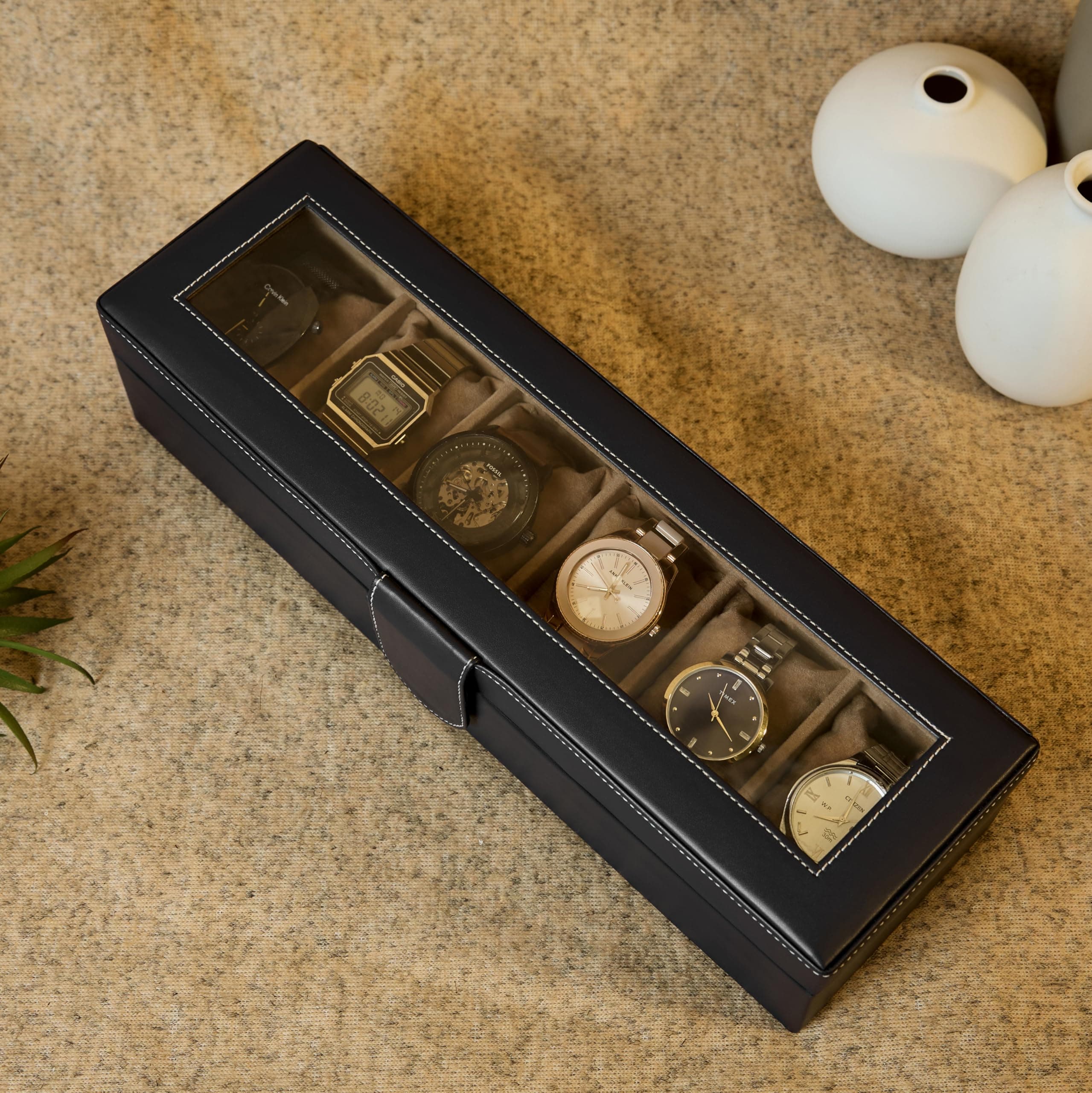 Leather World Faux Leather Watch Box Organizer For Men & Women - Wrist Watch Box Holder 6 Slots - Removable Watch Pillows Display Case - Gift for Loved Ones