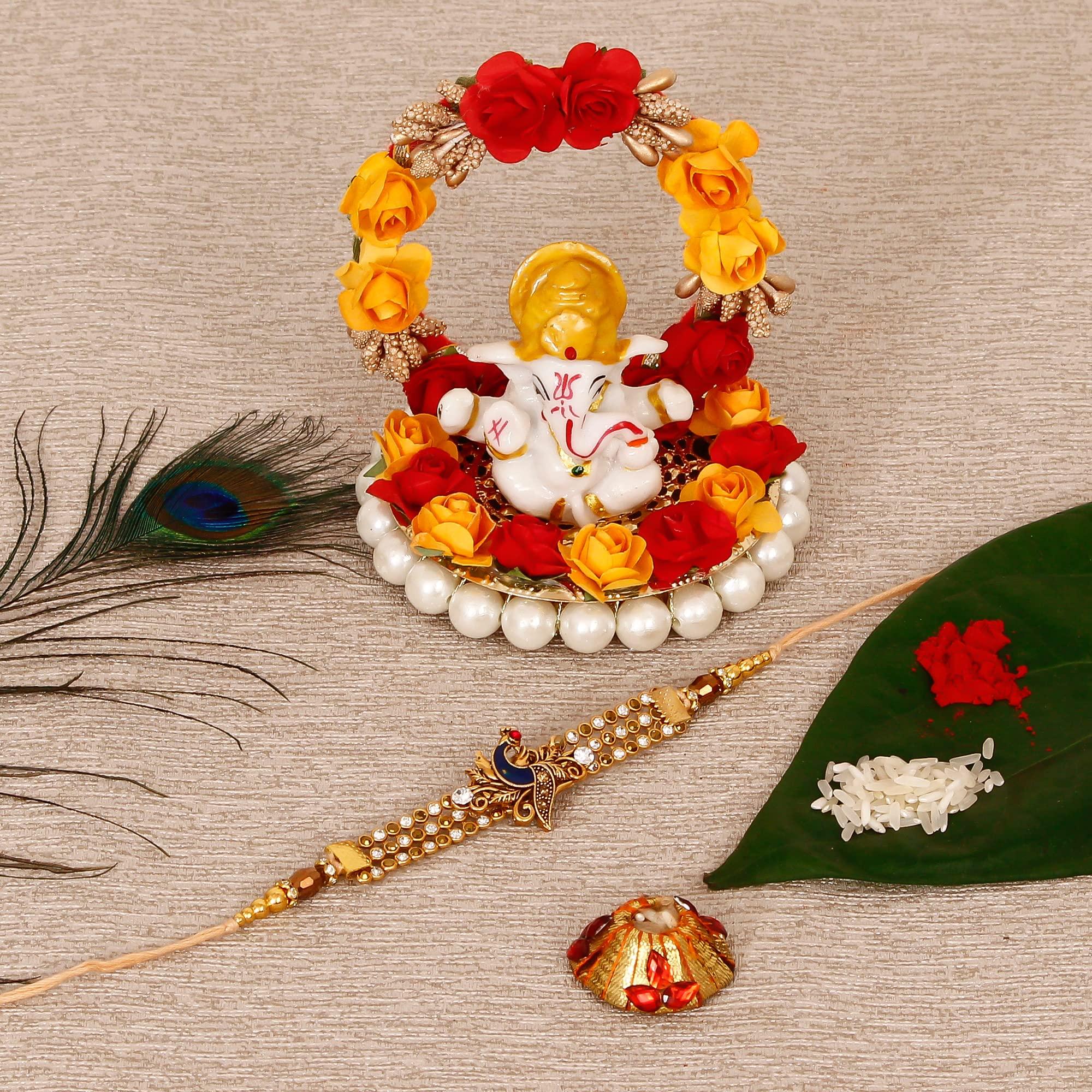 eCraftIndia Boy's Designer Peacock Rakhi With Lord Ganesha Idol On Decorative Plate And Roli Chawal Pack - Rakhi For Brother, Bhaiya, Bhai