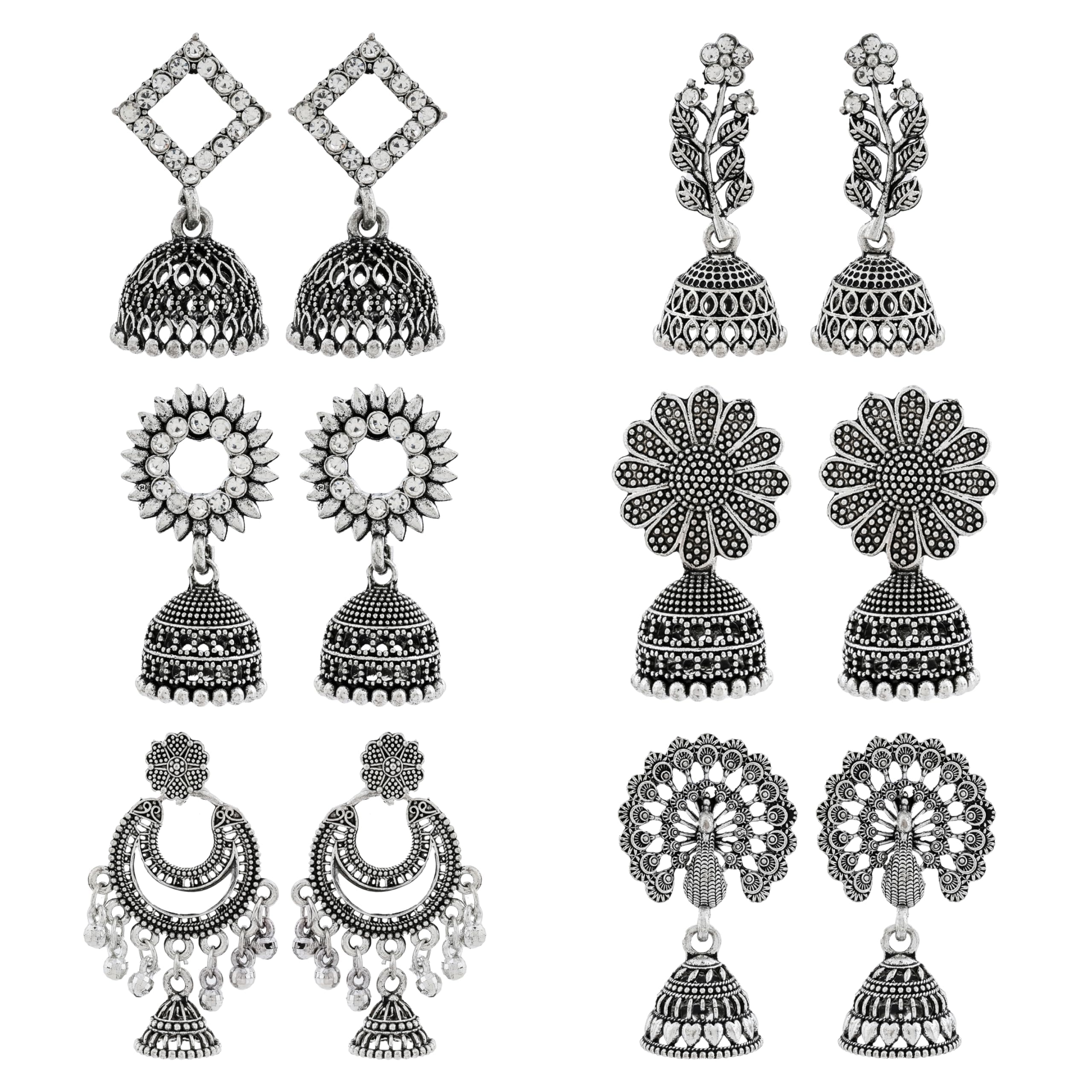 DEW MAT 6pc Earrings Set For Women | Jhumka For Women Gift Box Stylish Antique |Oxidised Silver Jhumka For Women | Girls Fashion Earrings Meenakari Oxidised Kundans Flower Temple South Indian Traditional Ear rings Gift For Girlfriend,Mother,Wife,Sister.