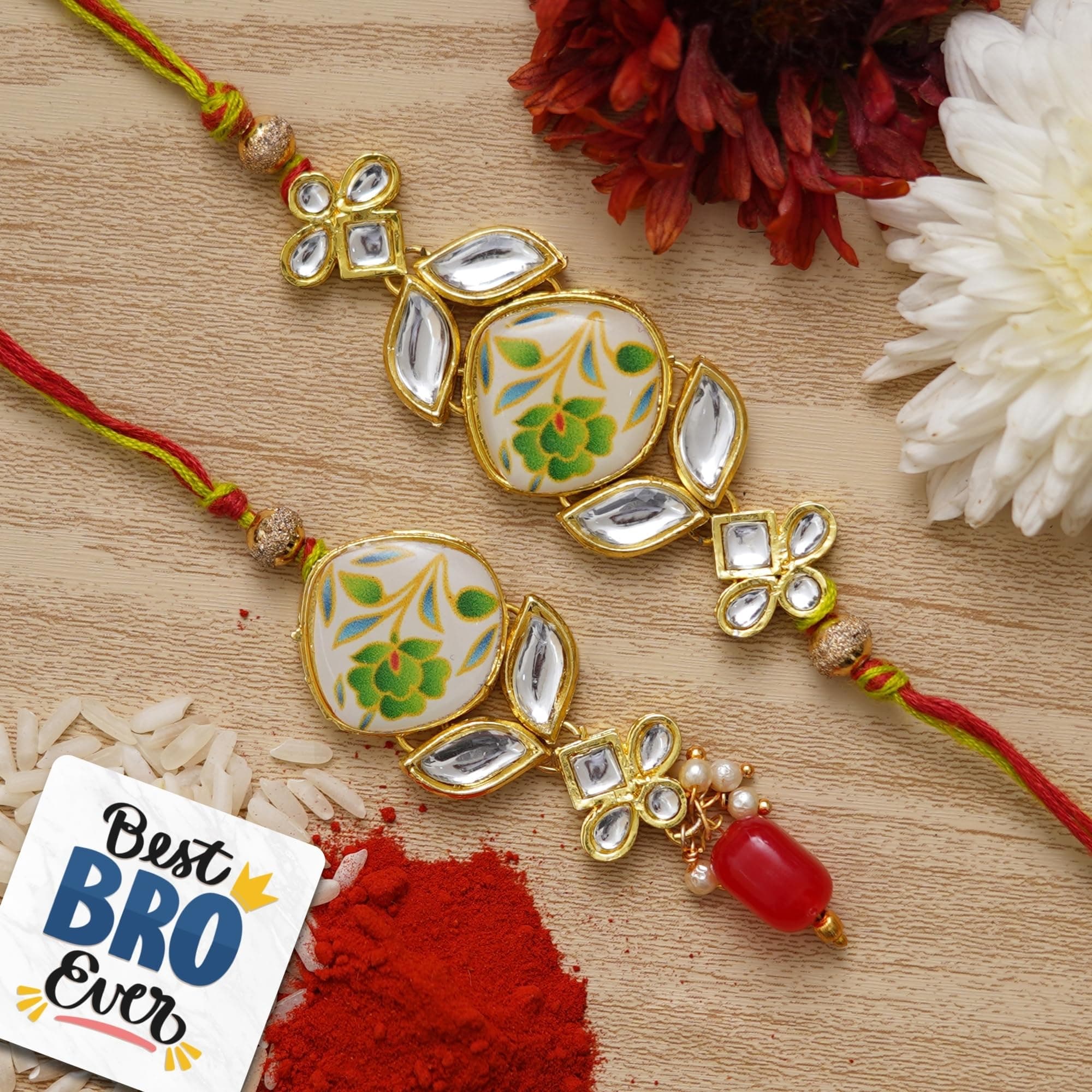 eCraftIndia Set of 2 Floral Designer Bhaiya Bhabhi Rakhi Set with Best Bro Ever Fridge Magnet and Roli Chawal Pack