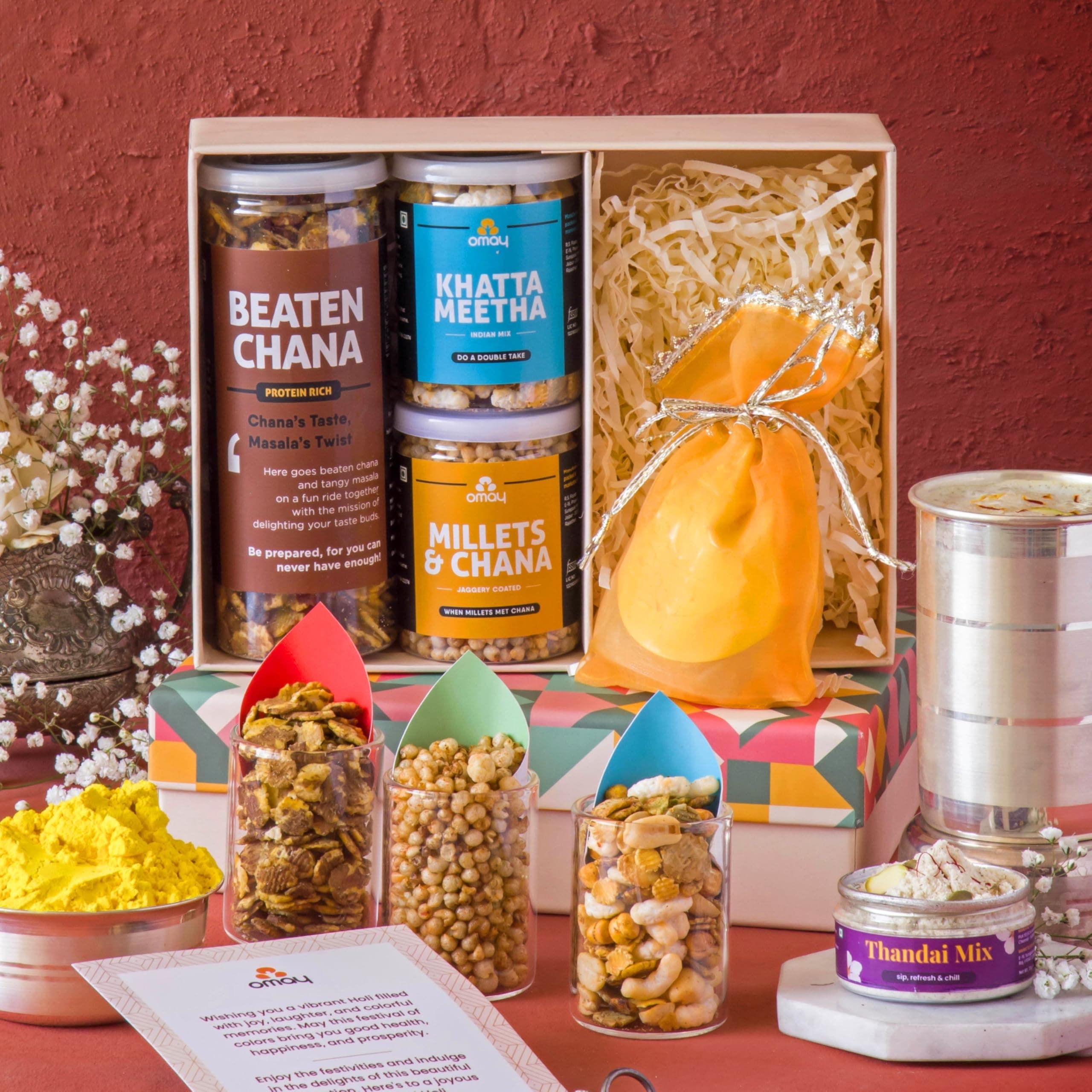 Omay Foods 6 pcs_ HOLI CELEBRATIONS Box I Healthy Gift Box with Gulal, Thandai & Snacks I Perfect Holi Hamper for Clients, Employees & Friends I Corporate Holi Gift Box I Premium Gift Hamper | Gourmet Gift Hamper