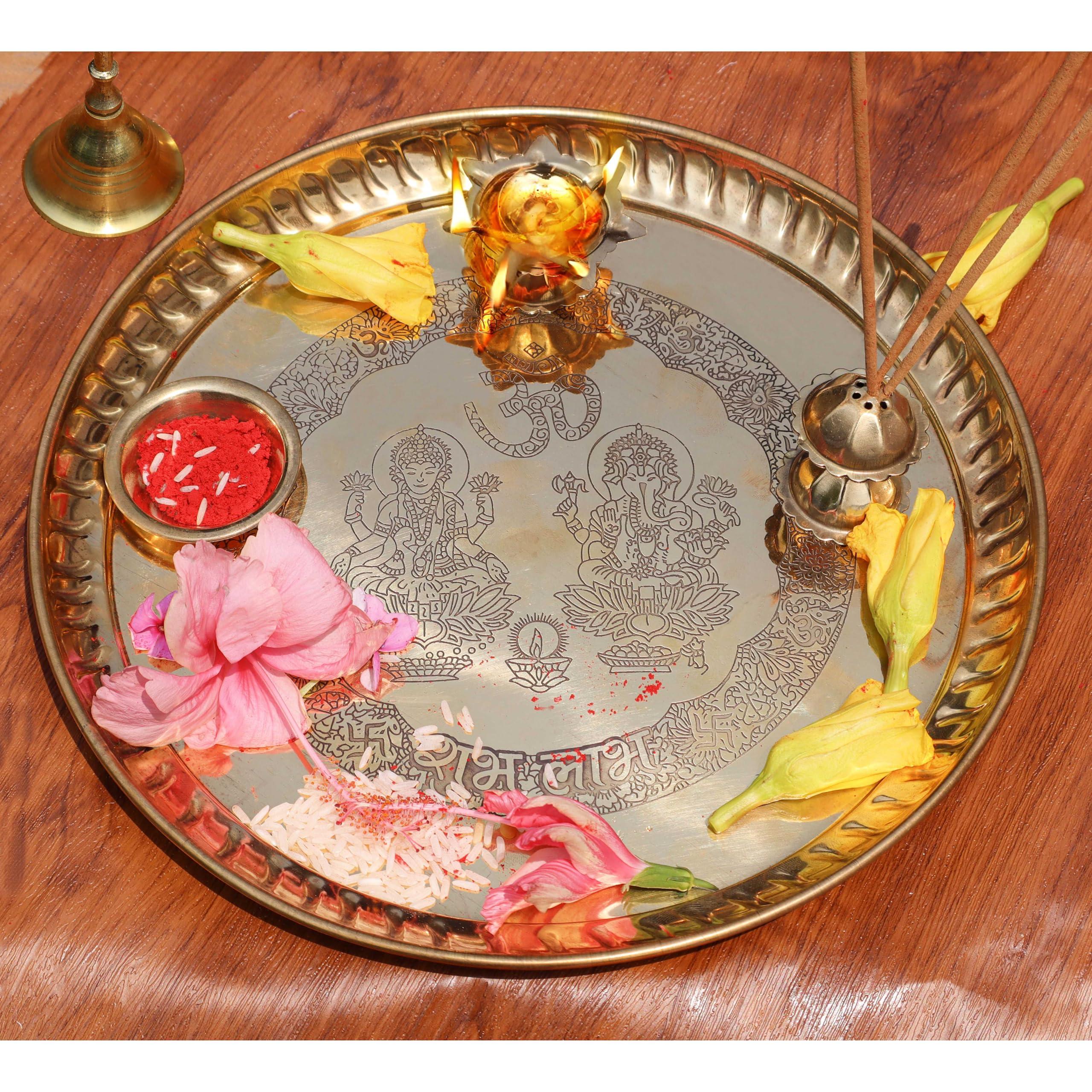 Pure Source India Handcrafted Laxmi & Ganesh Embossed Brass Puja Aarti Thali Set, Religious Return Gift Item, 8-inch Pooja thali with 1pc Diya, Agarbatti Incense Holder & Kumkum Wati