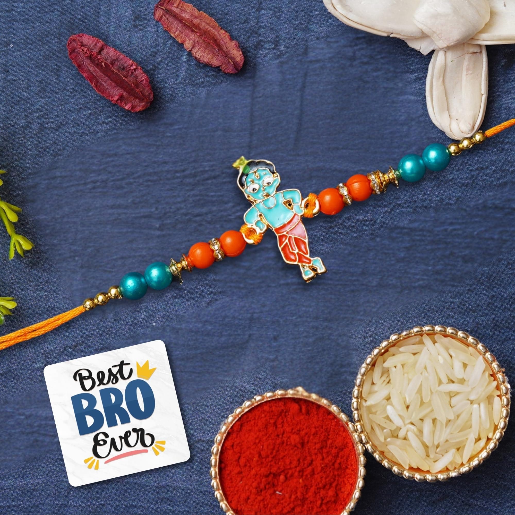 eCraftIndia Multicolor Designer Lord Krishna Kids Rakhis, Best Bro Ever Fridge Magnet with Roli Chawal Pack - Rakhi for Brother, Bhaiya, Bhai