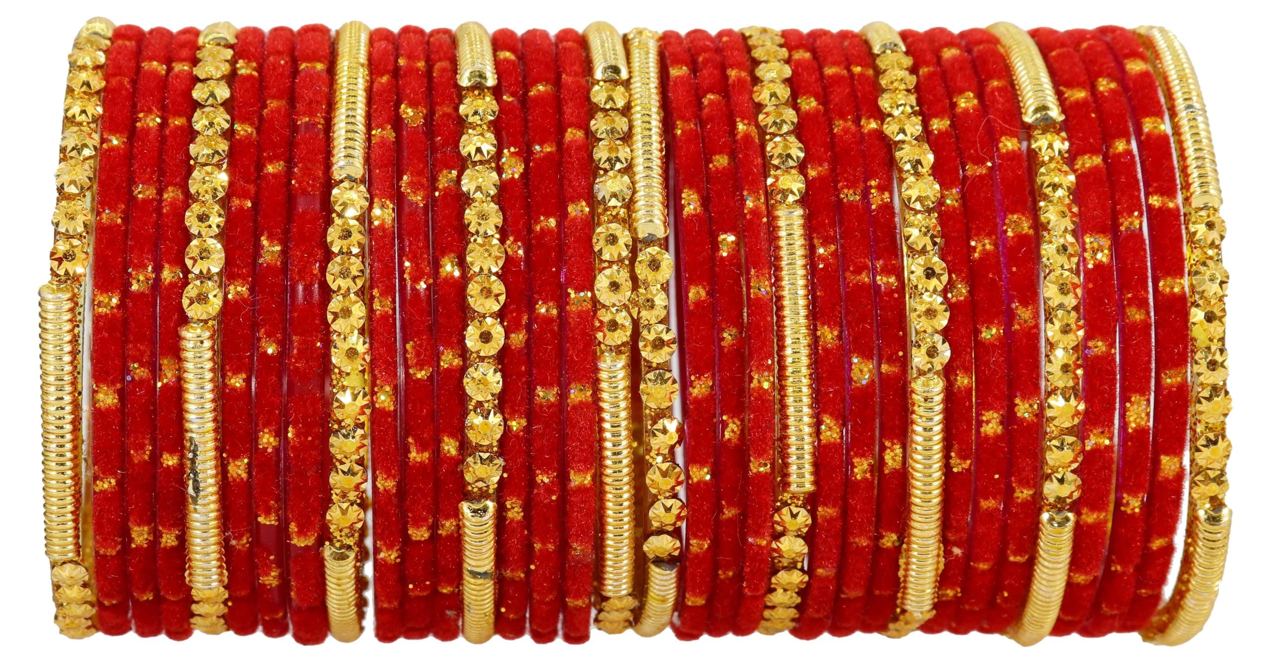 NMII Fancy Glass Golden Beads & Polka Dots Velvet Bangles Set For Women and Girls | Stylish Designer Bangles | Glass Chudi | Women's Fashion Jewellery, (Spring Set-(2)-Red-2.6 Inches)