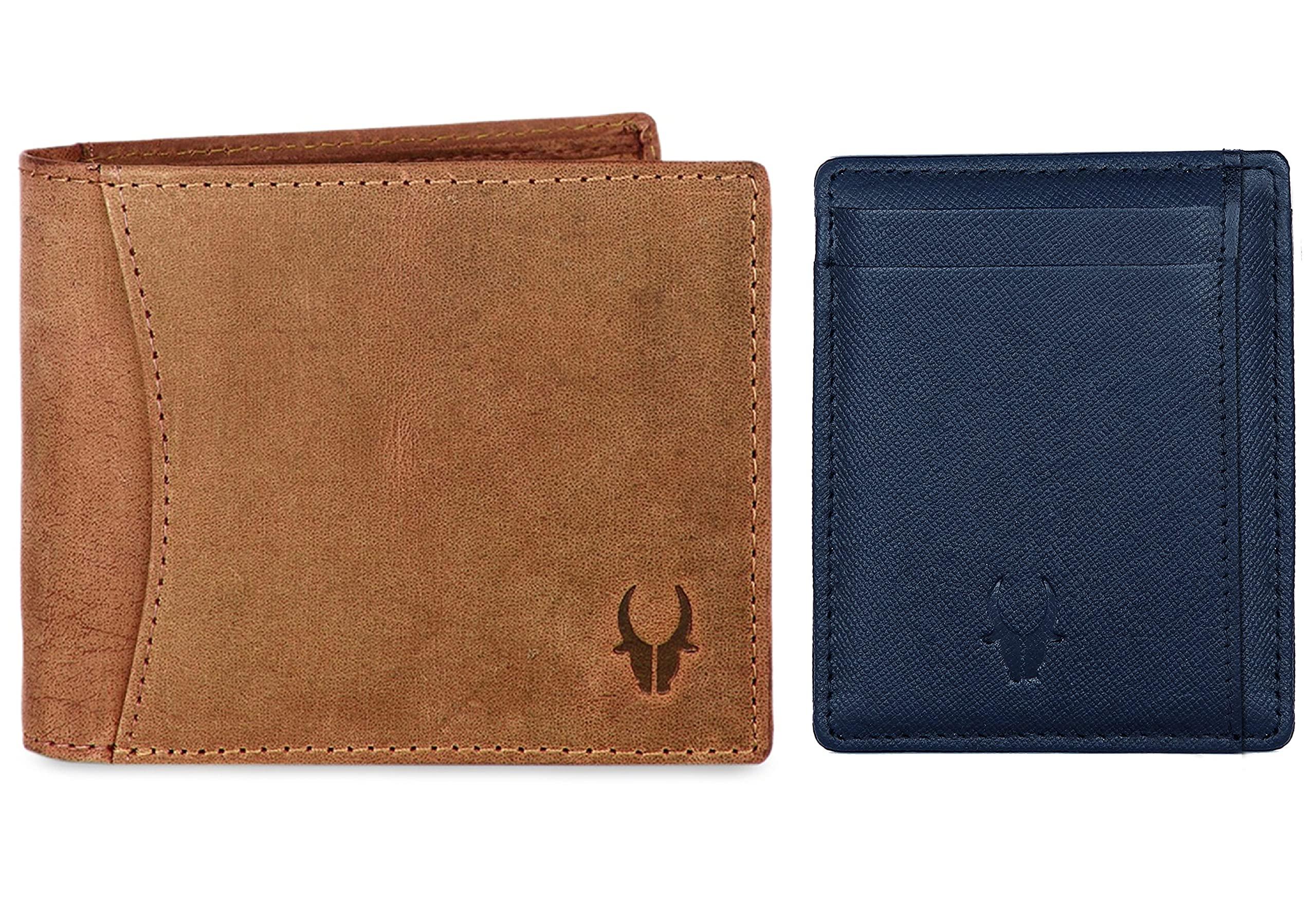 WildHorn Tan Hunter Leather Men's Wallet and Blue Safiano Card Case (WH1173)