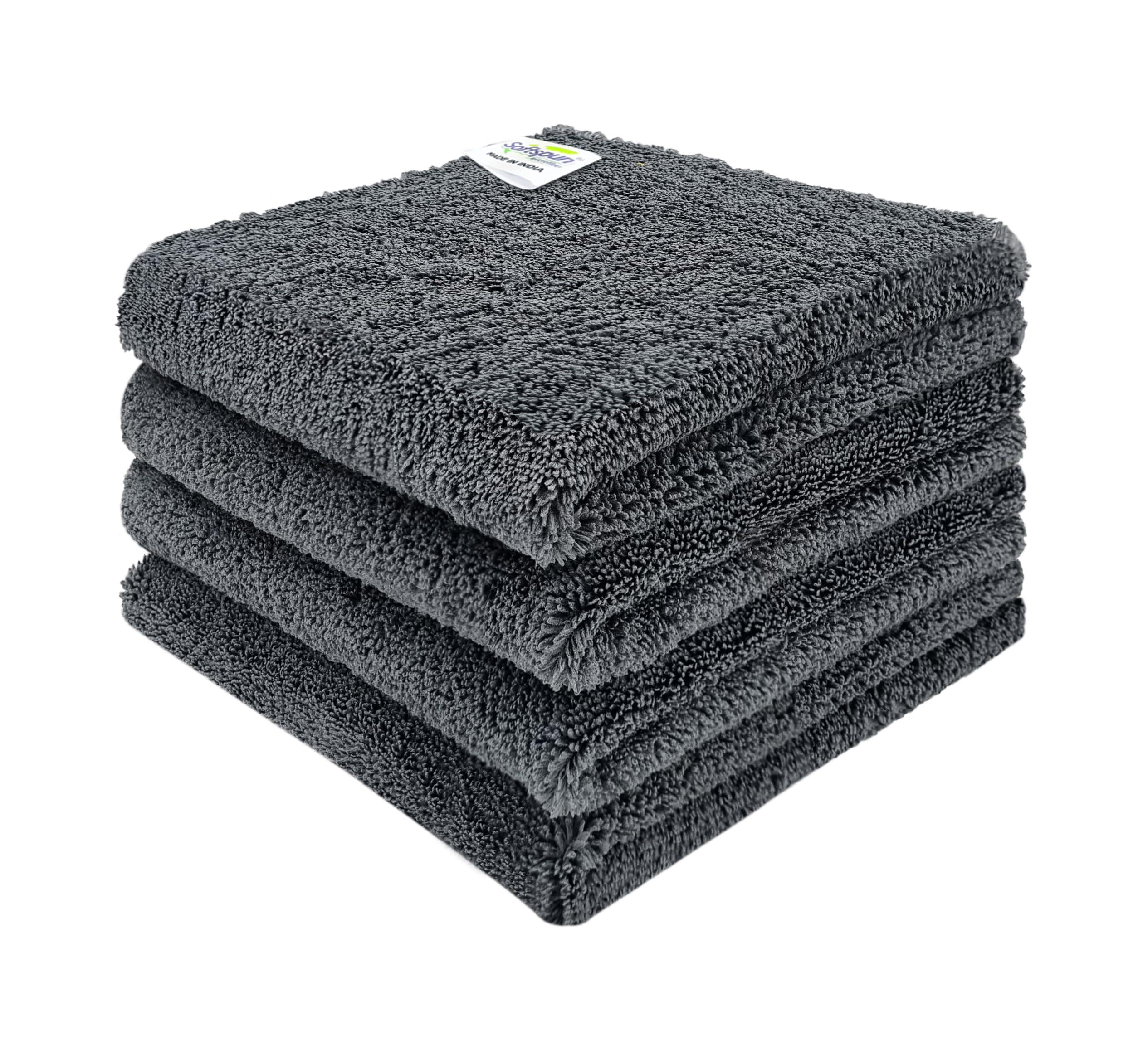 SOFTSPUN Microfiber Cloth-Edgeless with Ultrasonic Cut - 4 Pc - 40x40 cm - Grey - 380 GSM! Multi-Purpose, for Home, Office, Car|Clean Window, Table, Mobile|for Washing, Detailing of Cars