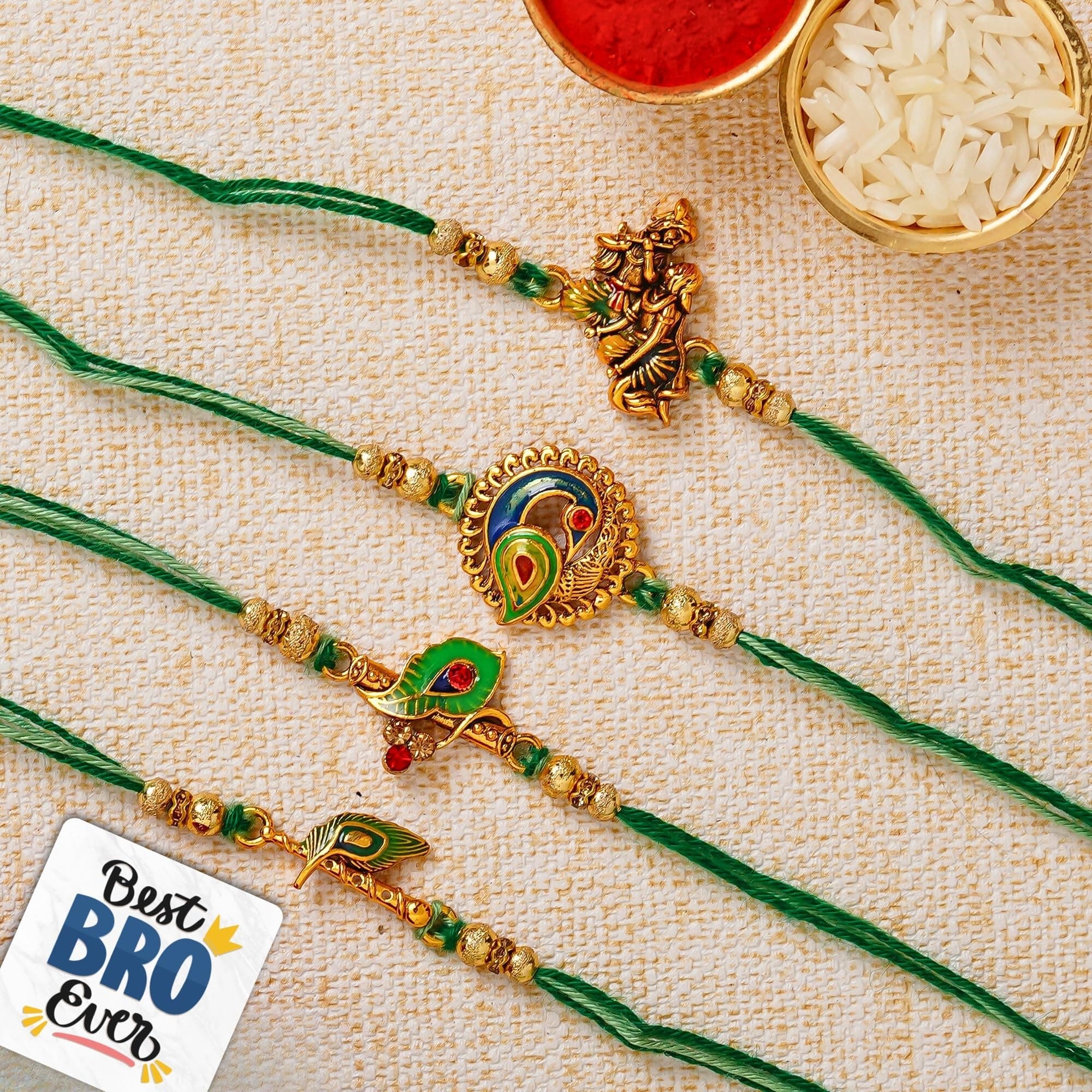 eCraftIndia Set of 4 Multicolor Radha Krishna Playing Flute, Peacock, Krishna Flute, Peacock Feather Designer Religious Rakhis with Roli Chawal Pack and Best Bro Ever Fridge Magnet - Rakhi for Brother